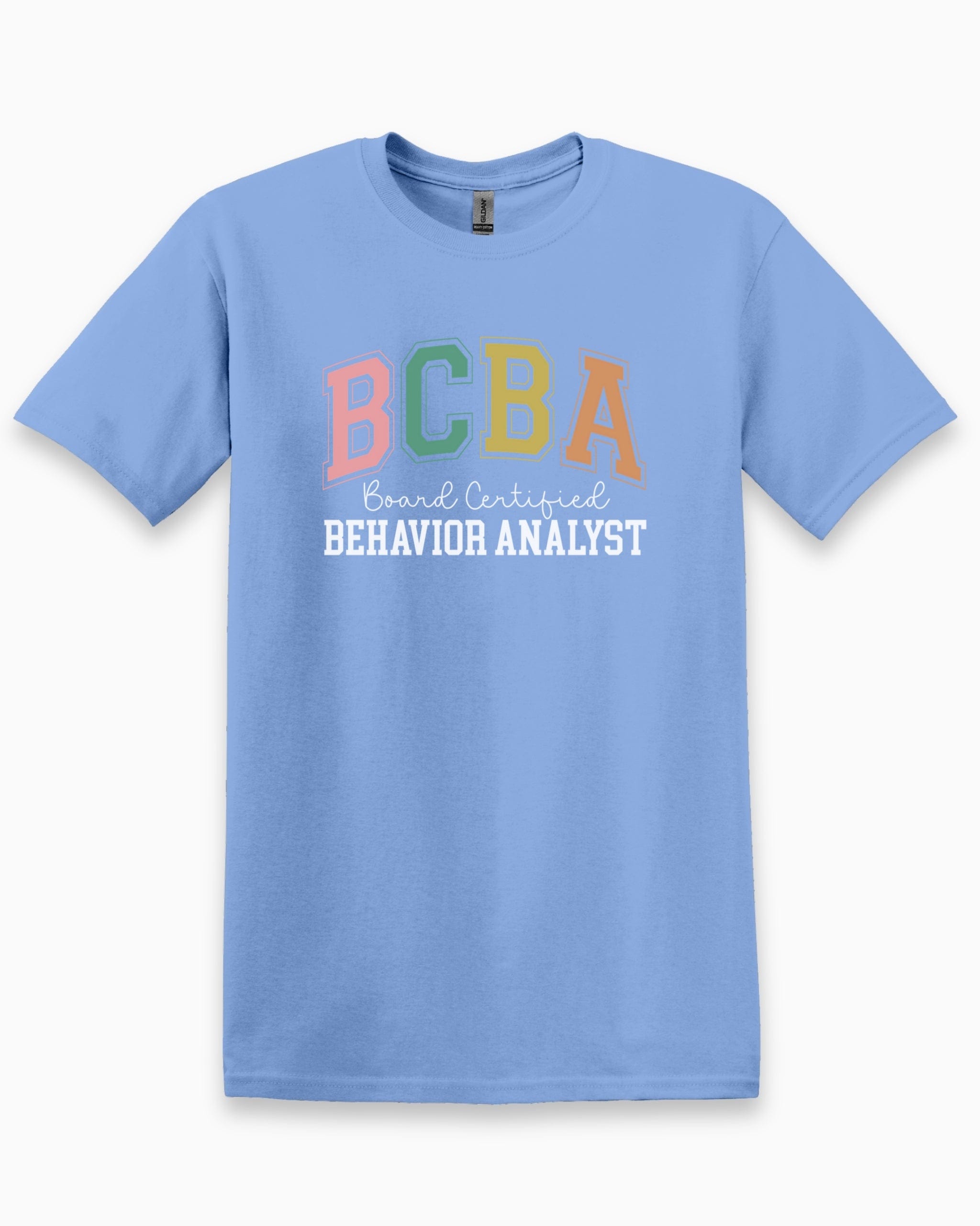 BCBA - Board Certified Behavior Analyst College Style Tee-Carolina Blue-Neurodiversity, ADHD & Autism Awareness & Acceptance T-Shirt by Daily Bloom