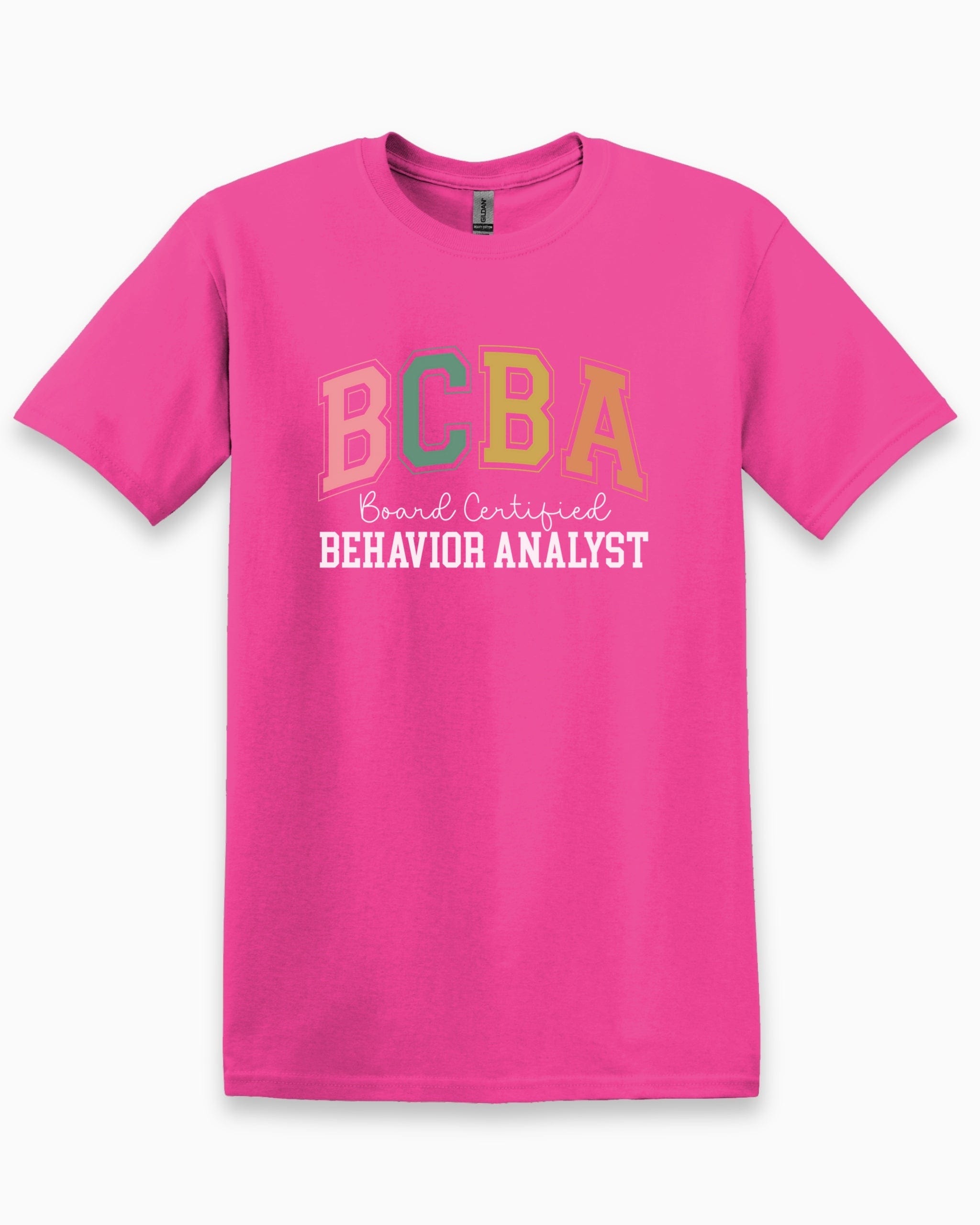 BCBA - Board Certified Behavior Analyst College Style Tee-Heliconia-Neurodiversity, ADHD & Autism Awareness & Acceptance T-Shirt by Daily Bloom