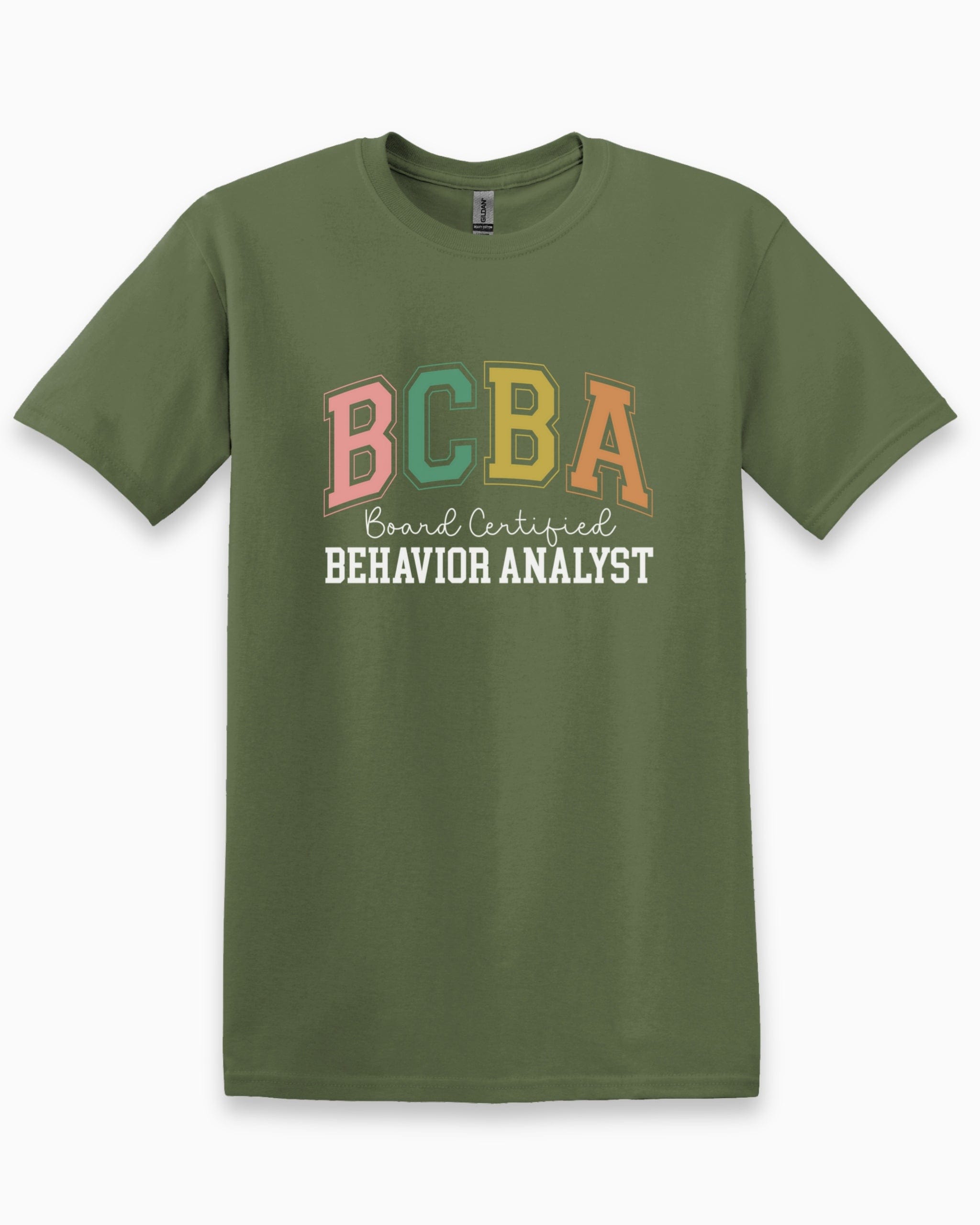 BCBA - Board Certified Behavior Analyst College Style Tee-Military Green-Neurodiversity, ADHD & Autism Awareness & Acceptance T-Shirt by Daily Bloom