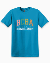 BCBA - Board Certified Behavior Analyst College Style Tee-Sapphire-Neurodiversity, ADHD & Autism Awareness & Acceptance T-Shirt by Daily Bloom