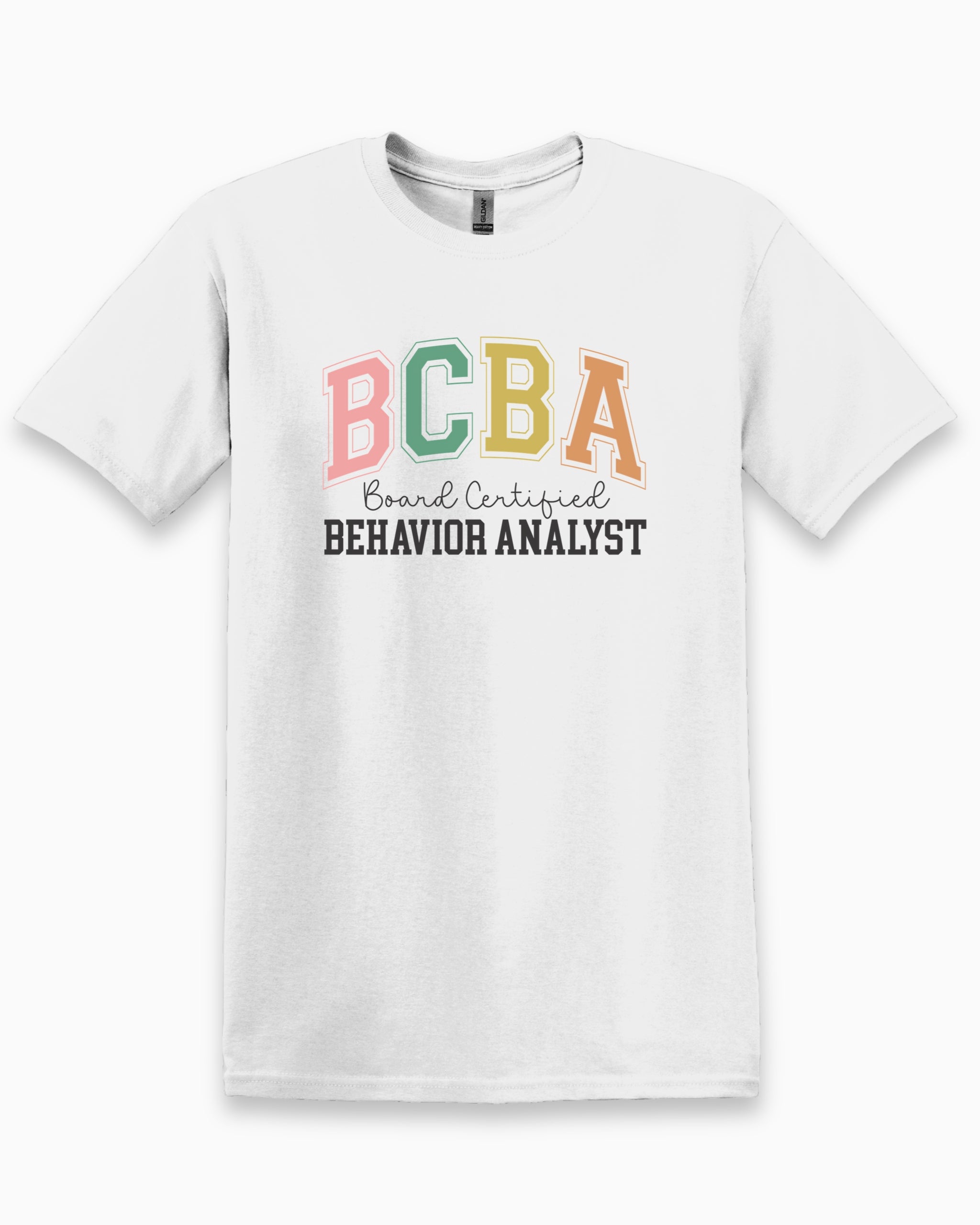 BCBA - Board Certified Behavior Analyst College Style Tee-White-Neurodiversity, ADHD & Autism Awareness & Acceptance T-Shirt by Daily Bloom