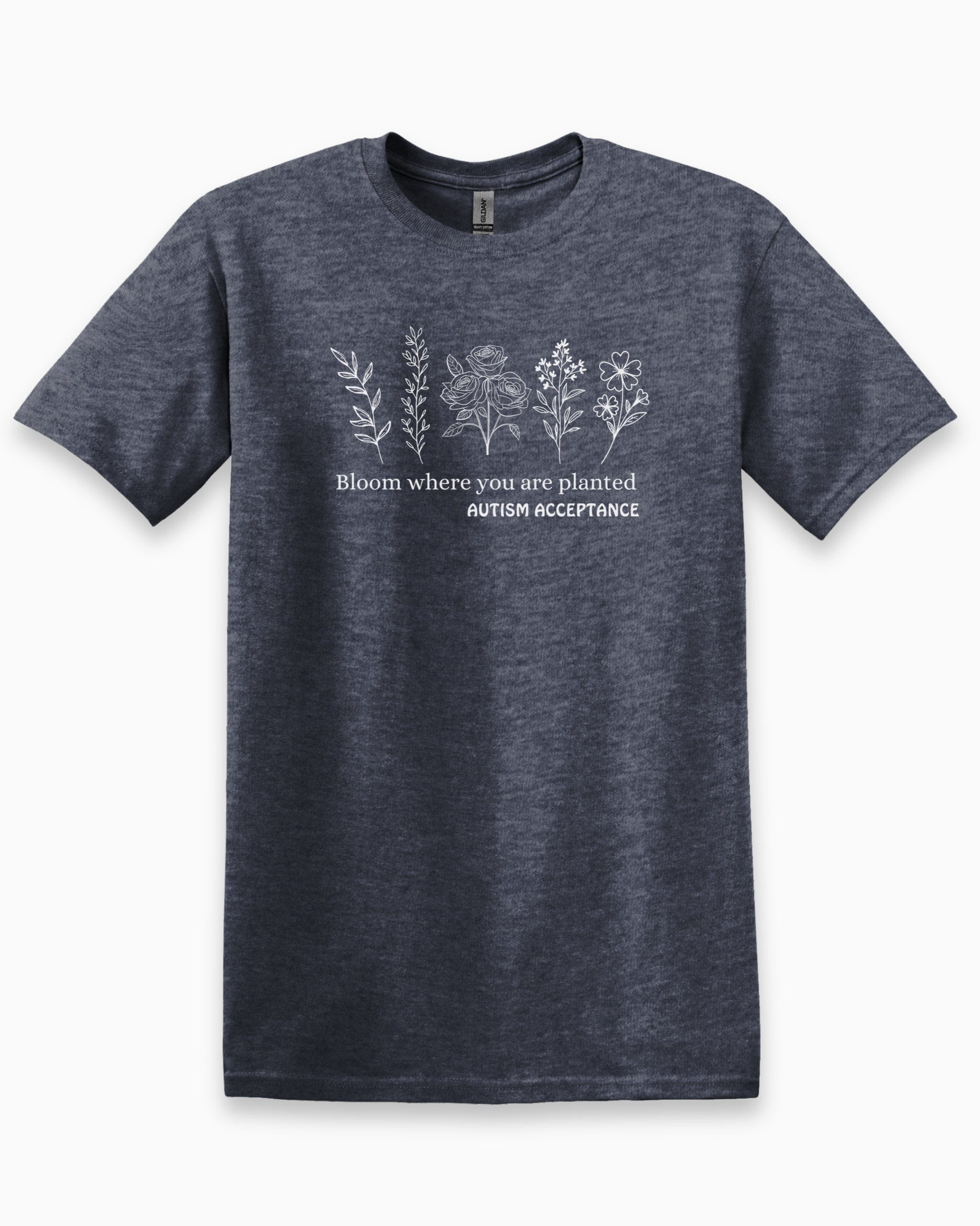 Bloom Where You Are Planted - Autism Acceptance Wildflowers Tee-Heather Navy-Neurodiversity, ADHD & Autism Awareness & Acceptance T-Shirt by Daily Bloom
