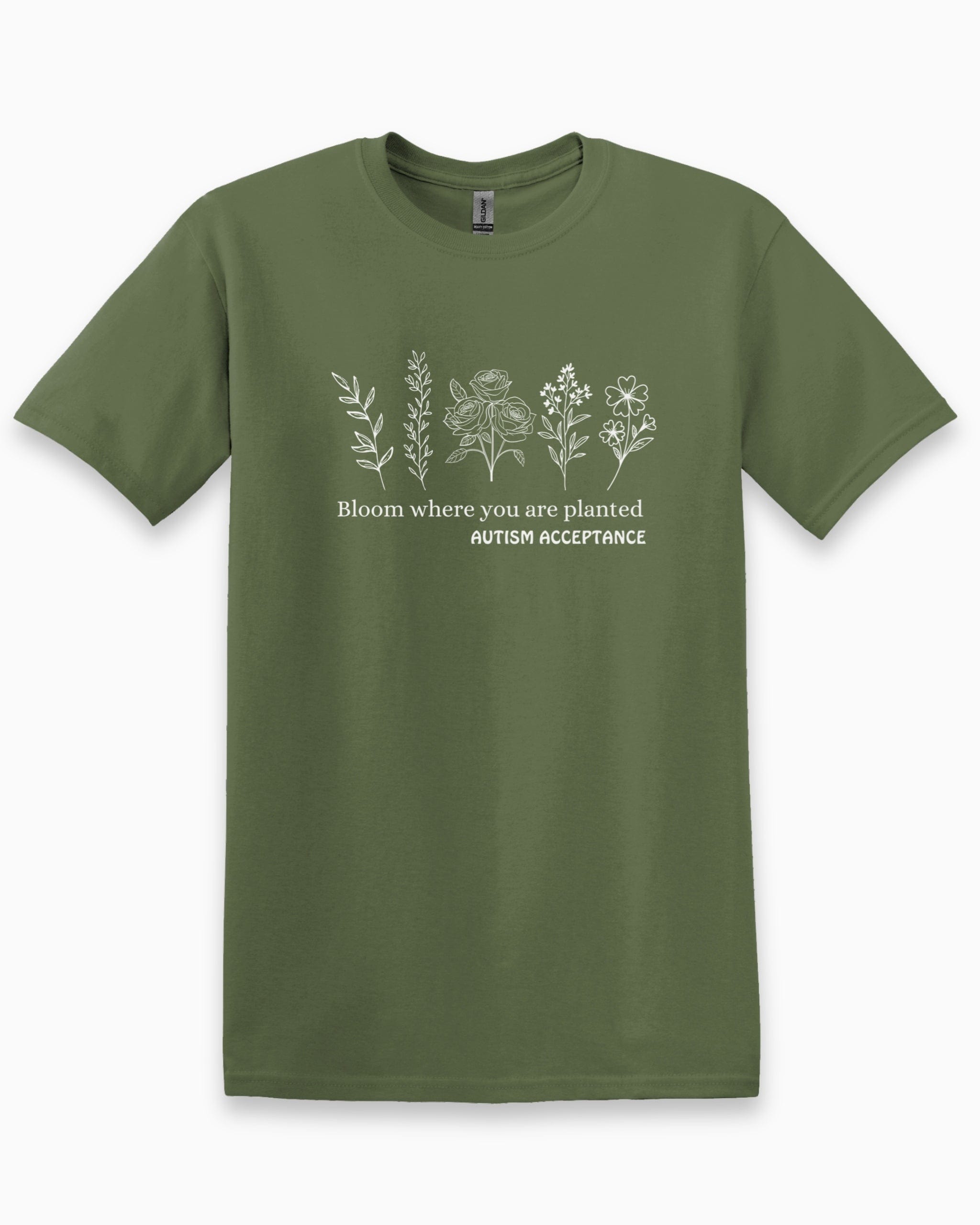 Bloom Where You Are Planted - Autism Acceptance Wildflowers Tee-Military Green-Neurodiversity, ADHD & Autism Awareness & Acceptance T-Shirt by Daily Bloom