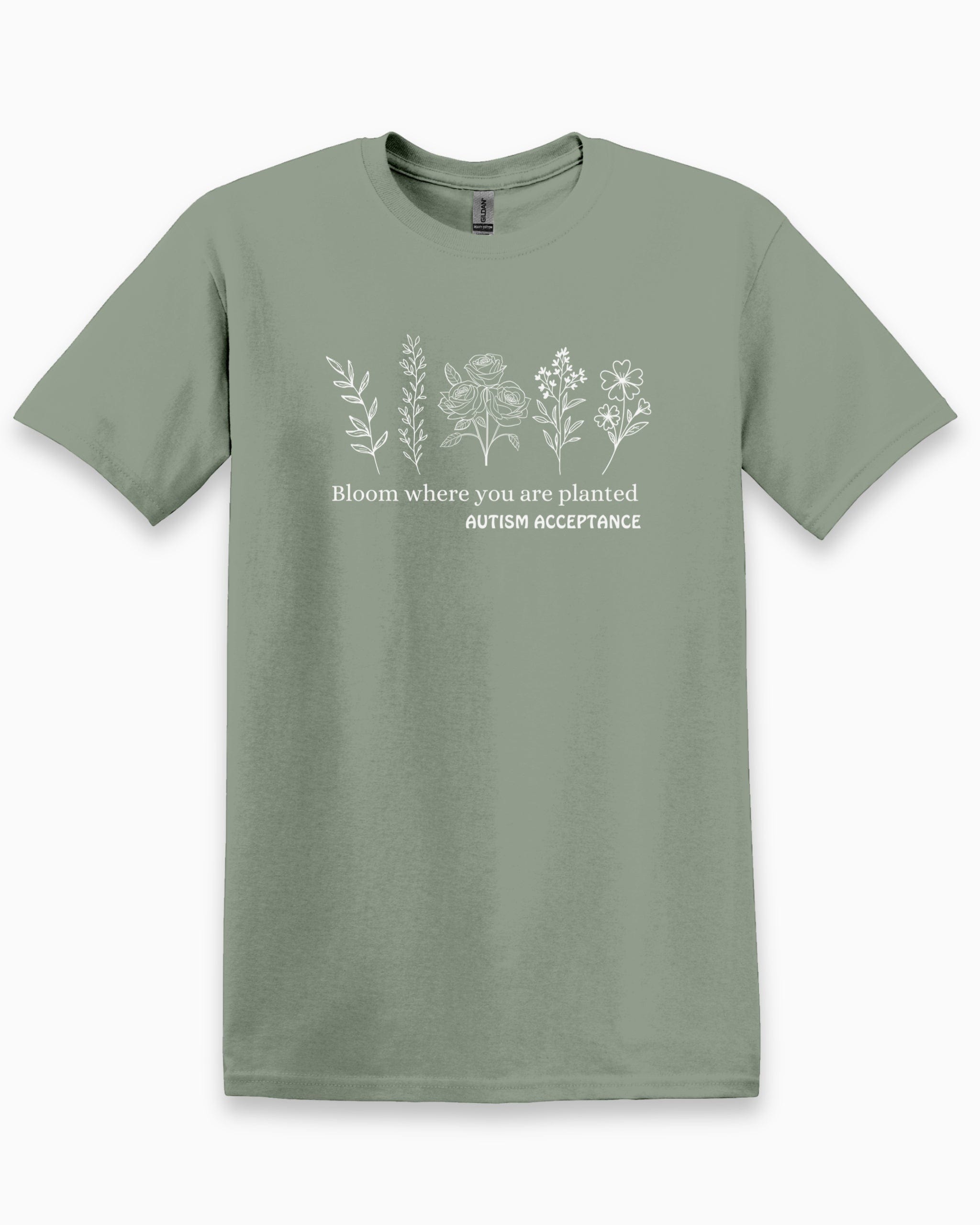 Bloom Where You Are Planted - Autism Acceptance Wildflowers Tee-Sage-Neurodiversity, ADHD & Autism Awareness & Acceptance T-Shirt by Daily Bloom