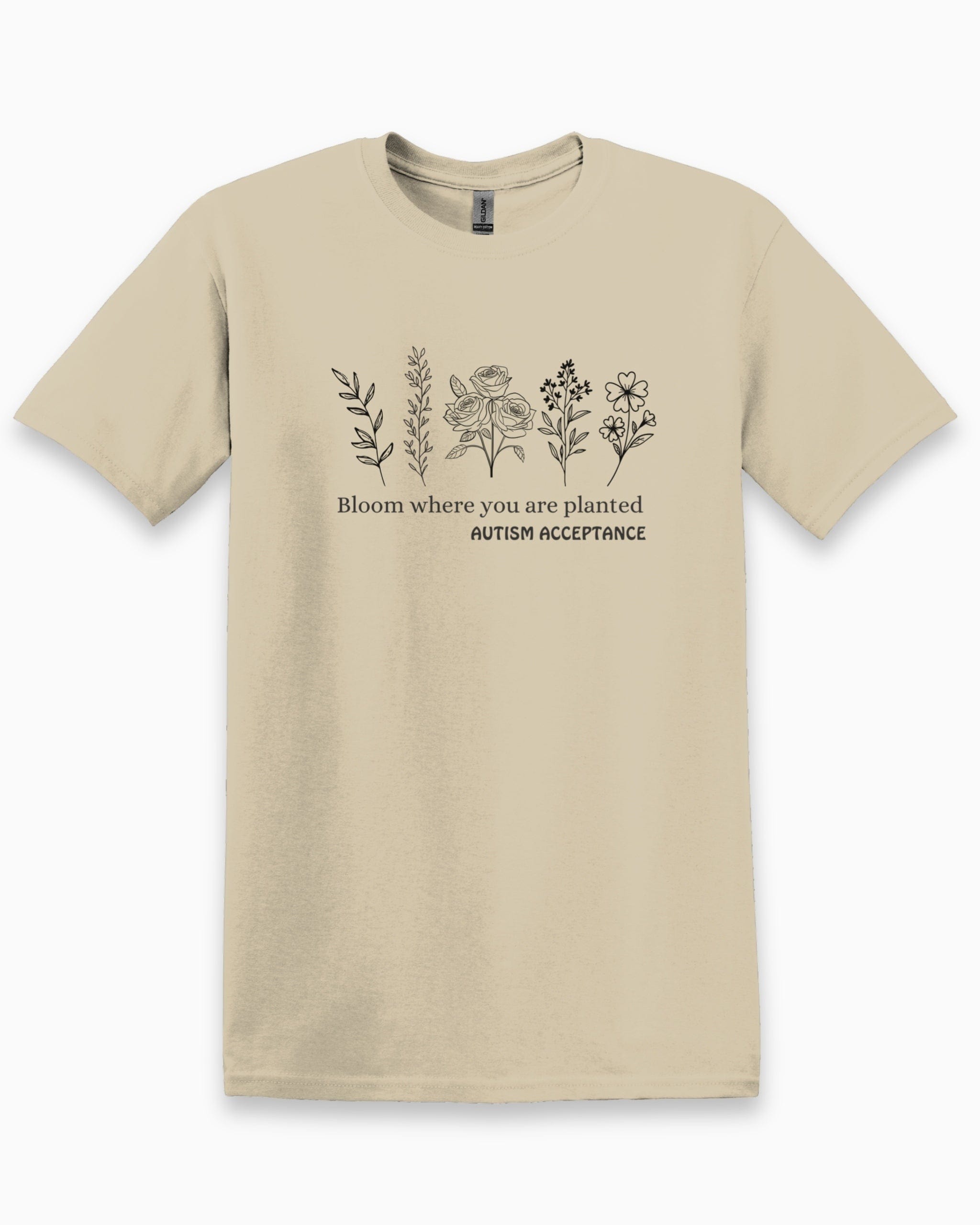 Bloom Where You Are Planted - Autism Acceptance Wildflowers Tee-Sand-Neurodiversity, ADHD & Autism Awareness & Acceptance T-Shirt by Daily Bloom