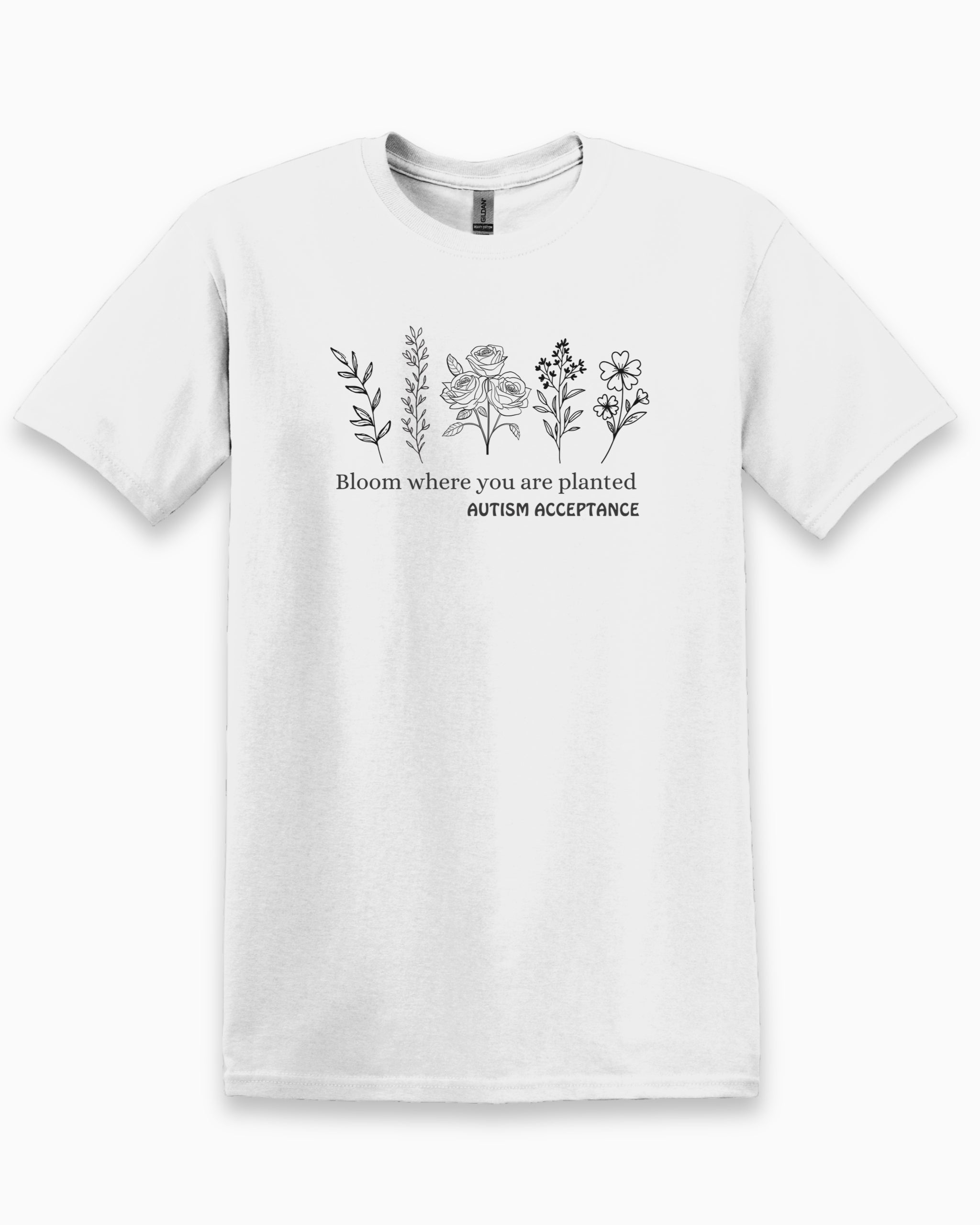 Bloom Where You Are Planted - Autism Acceptance Wildflowers Tee-White-Neurodiversity, ADHD & Autism Awareness & Acceptance T-Shirt by Daily Bloom