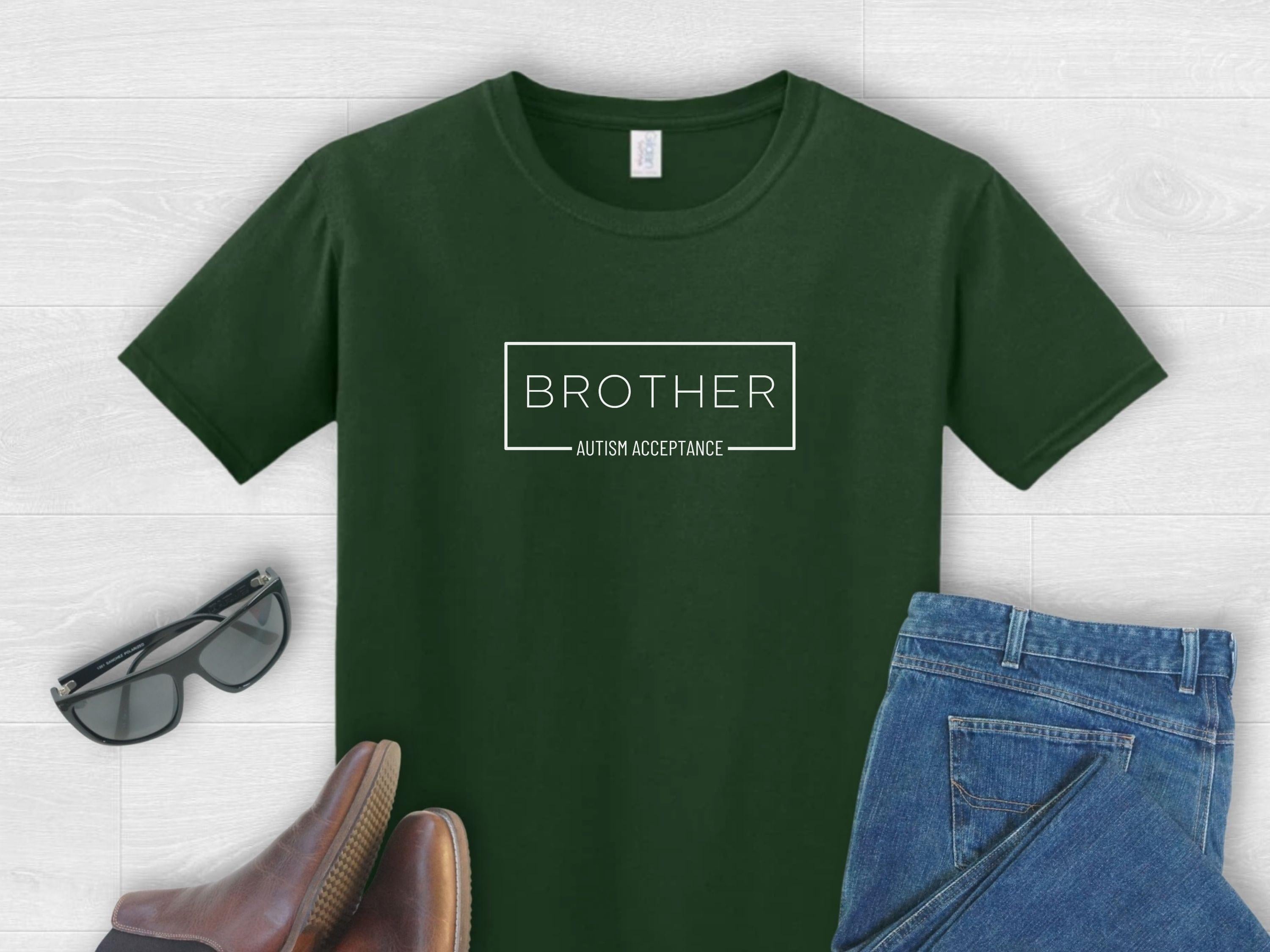 Brother Autism Acceptance Box Tee-Forest Green-Neurodiversity, ADHD & Autism Awareness & Acceptance T-Shirt by Daily Bloom
