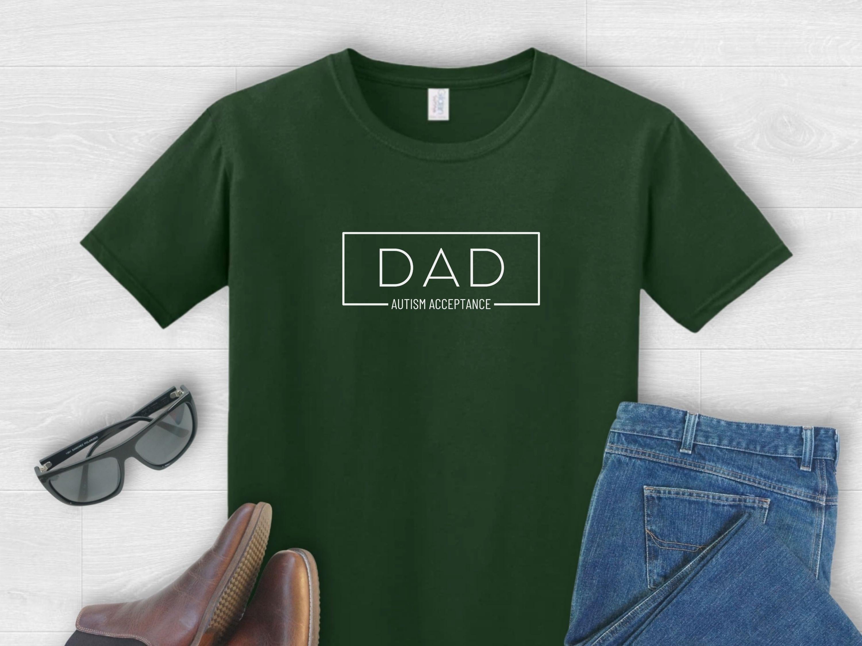 Dad Autism Acceptance Box Tee-Forest Green-Neurodiversity, ADHD & Autism Awareness & Acceptance T-Shirt by Daily Bloom
