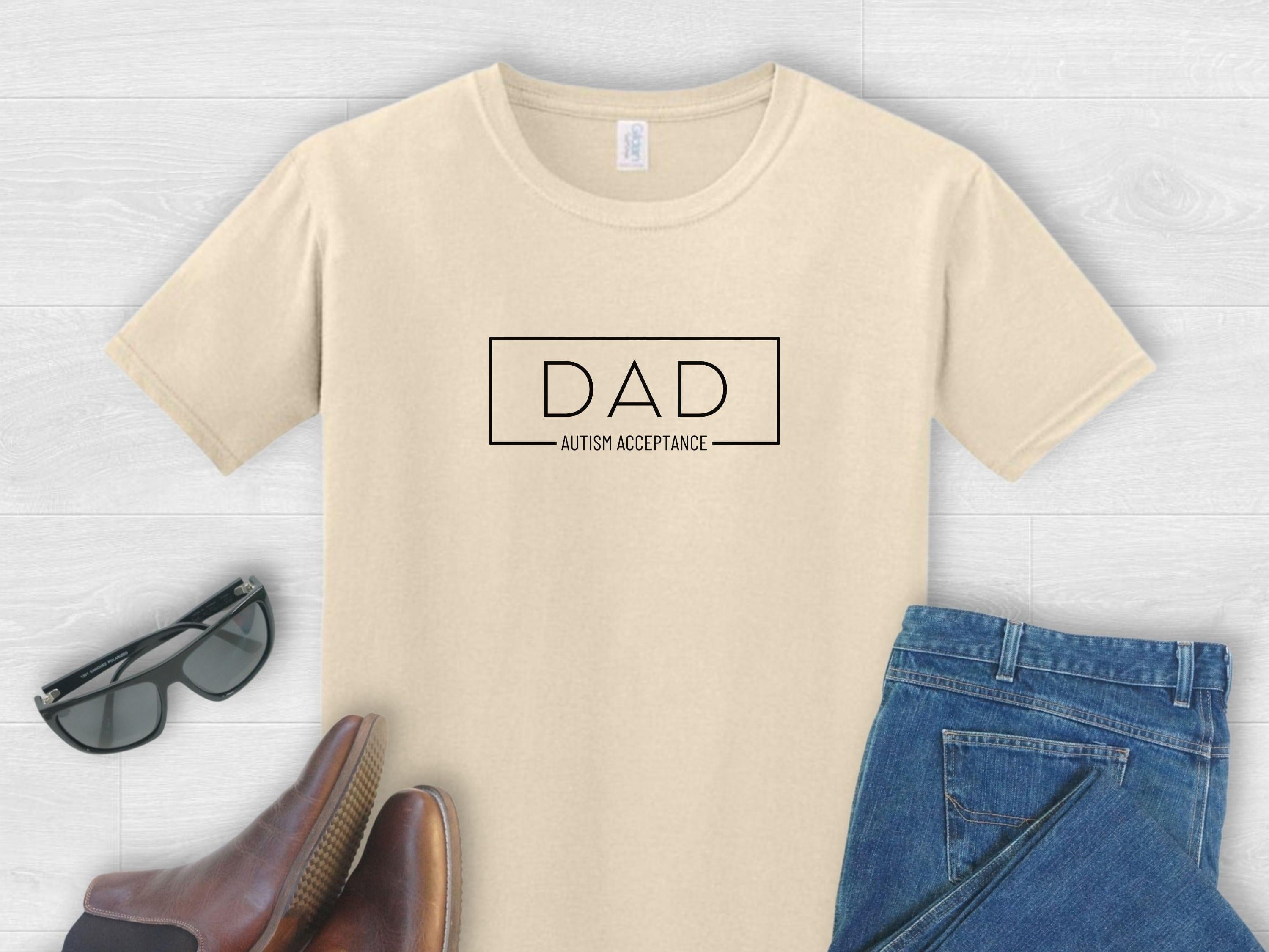 Dad Autism Acceptance Box Tee-Sand-Neurodiversity, ADHD & Autism Awareness & Acceptance T-Shirt by Daily Bloom