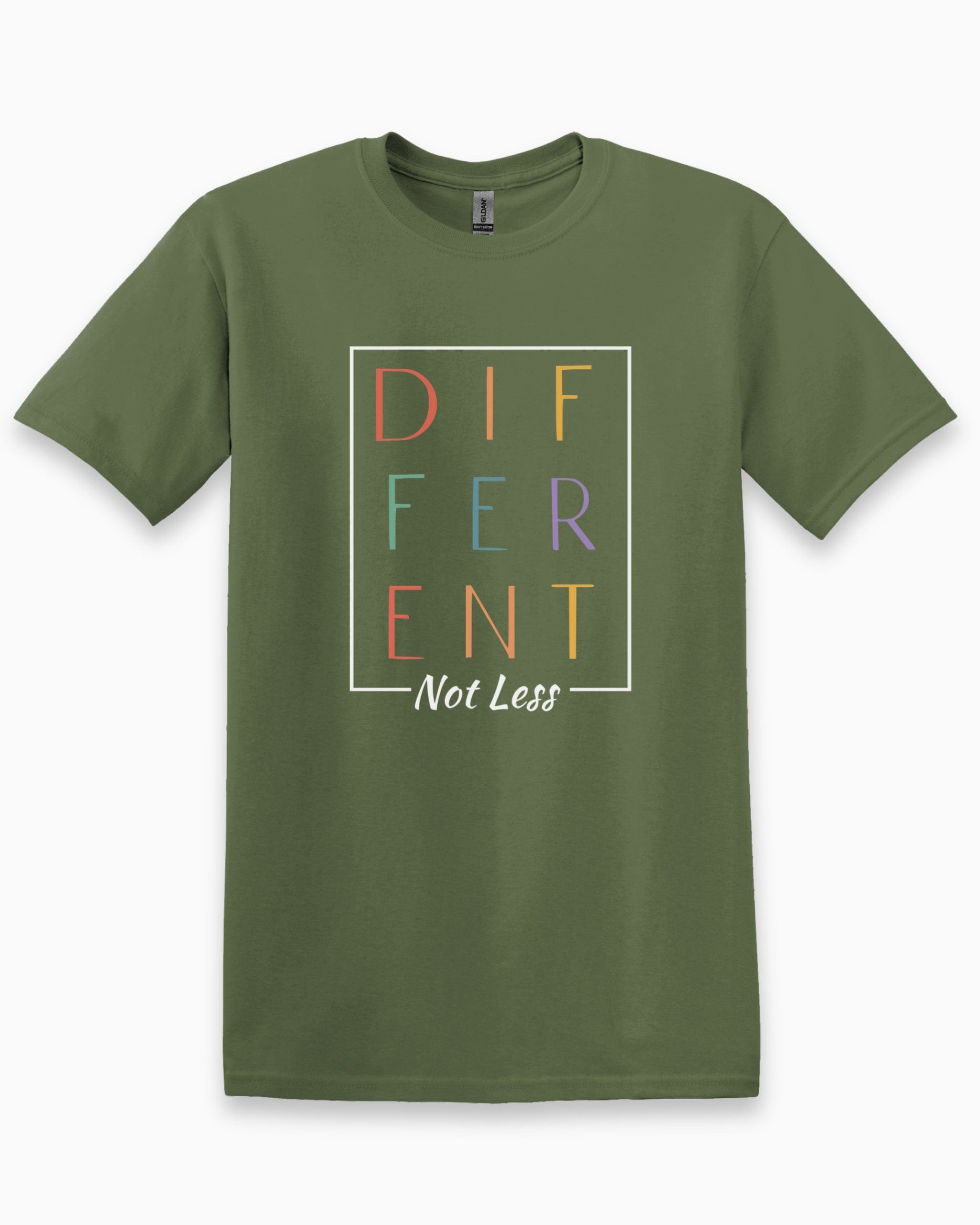 Different Not Less Tee-Military Green-Neurodiversity, ADHD & Autism Awareness & Acceptance T-Shirt by Daily Bloom