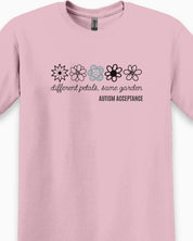 Different Petals Same Garden Flower Sketches Tee-Neurodiversity, ADHD & Autism Awareness & Acceptance T-Shirt by Daily Bloom