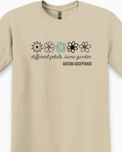Different Petals Same Garden Flower Sketches Tee-Neurodiversity, ADHD & Autism Awareness & Acceptance T-Shirt by Daily Bloom