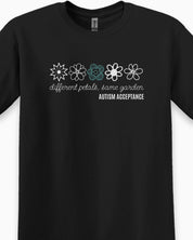 Different Petals Same Garden Flower Sketches Tee-Neurodiversity, ADHD & Autism Awareness & Acceptance T-Shirt by Daily Bloom