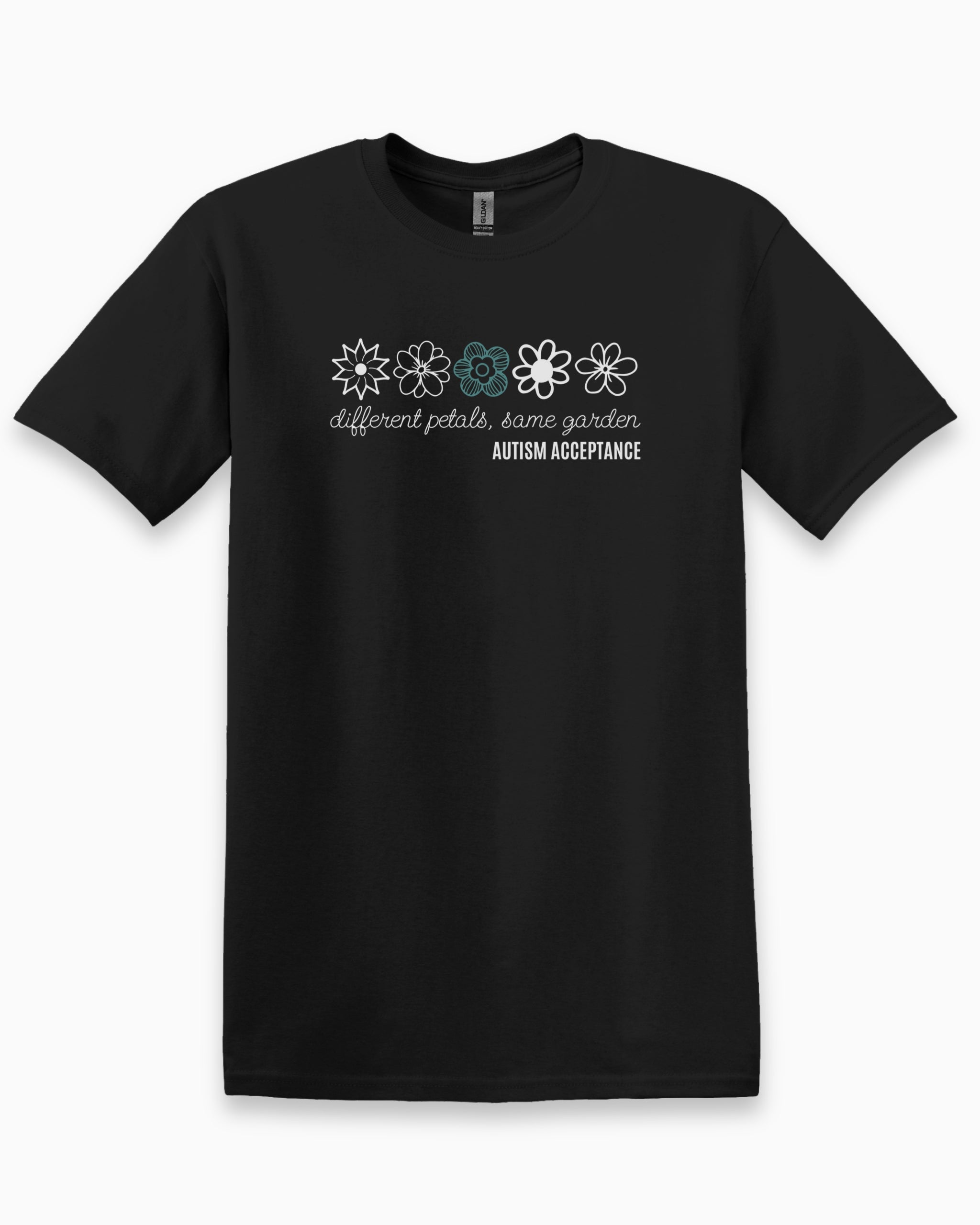 Different Petals Same Garden Flower Sketches Tee-Black-Neurodiversity, ADHD & Autism Awareness & Acceptance T-Shirt by Daily Bloom