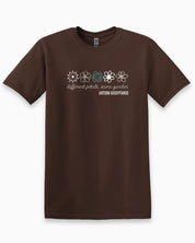 Different Petals Same Garden Flower Sketches Tee-Dark Chocolate-Neurodiversity, ADHD & Autism Awareness & Acceptance T-Shirt by Daily Bloom