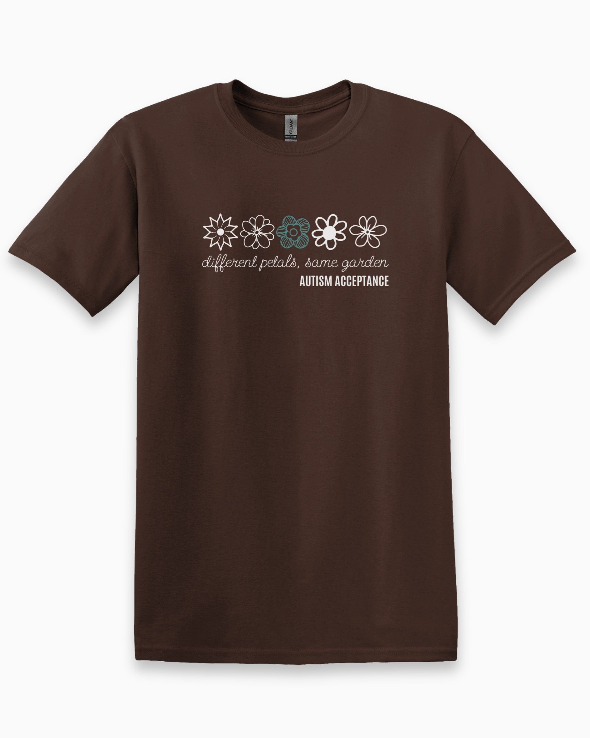 Different Petals Same Garden Flower Sketches Tee-Dark Chocolate-Neurodiversity, ADHD & Autism Awareness & Acceptance T-Shirt by Daily Bloom