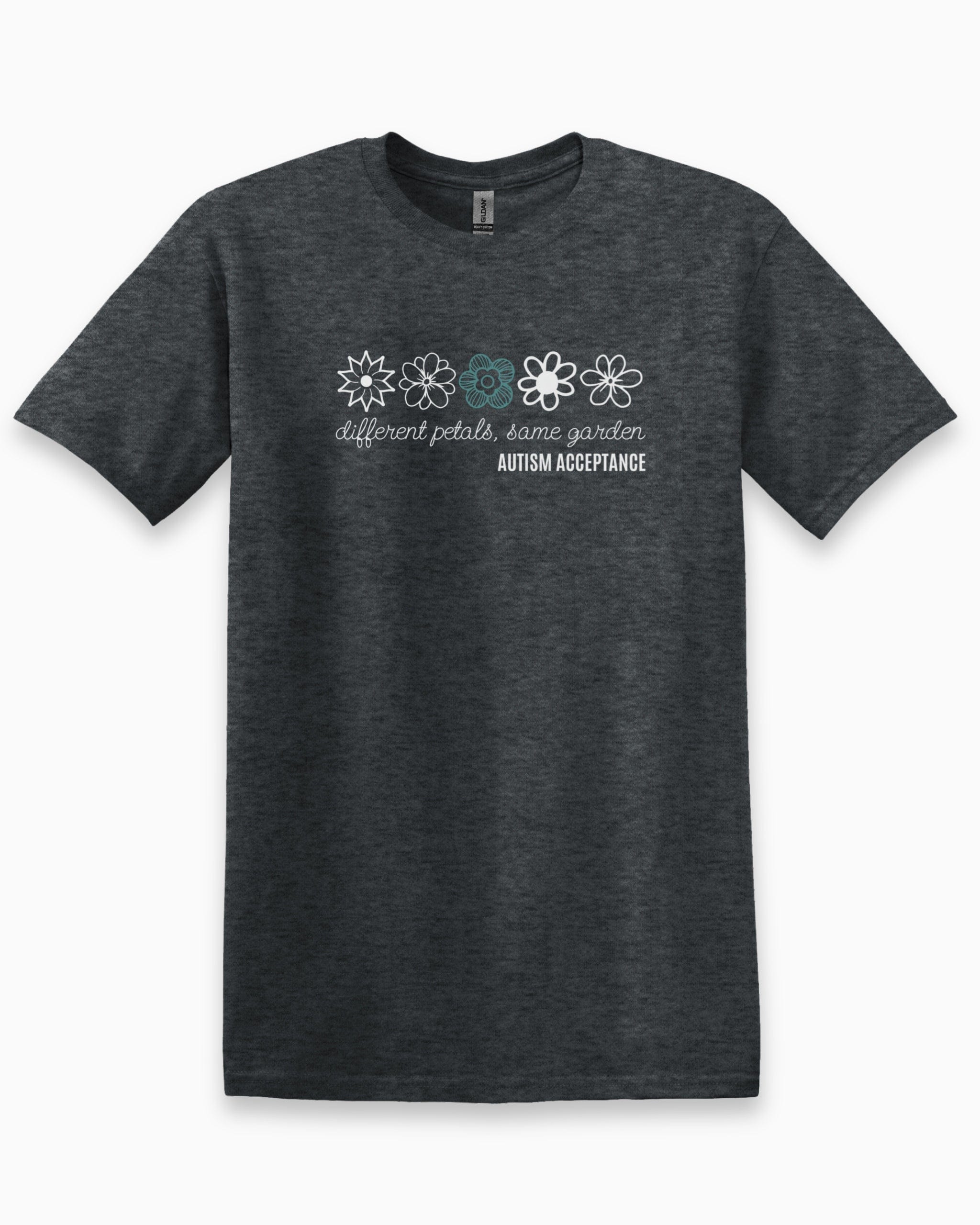 Different Petals Same Garden Flower Sketches Tee-Dark Heather Grey-Neurodiversity, ADHD & Autism Awareness & Acceptance T-Shirt by Daily Bloom
