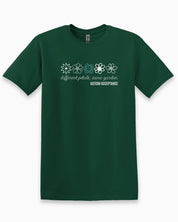 Different Petals Same Garden Flower Sketches Tee-Forest Green-Neurodiversity, ADHD & Autism Awareness & Acceptance T-Shirt by Daily Bloom
