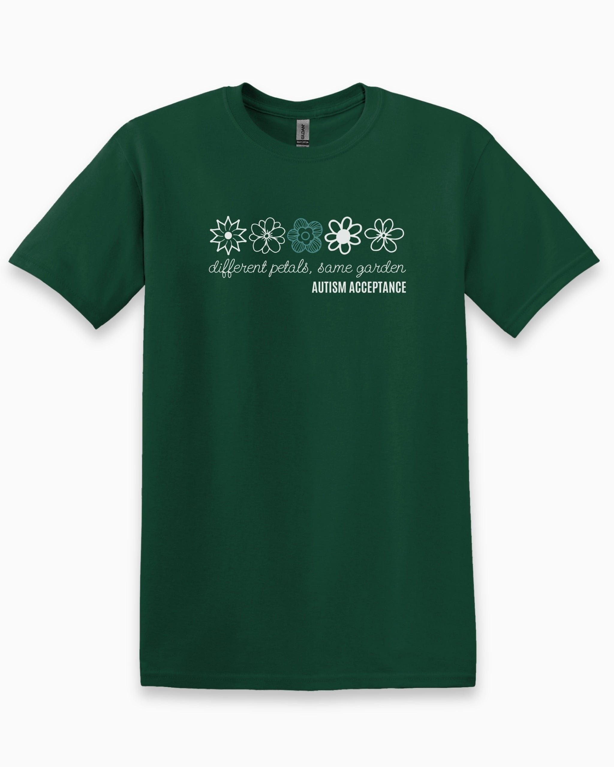 Different Petals Same Garden Flower Sketches Tee-Forest Green-Neurodiversity, ADHD & Autism Awareness & Acceptance T-Shirt by Daily Bloom
