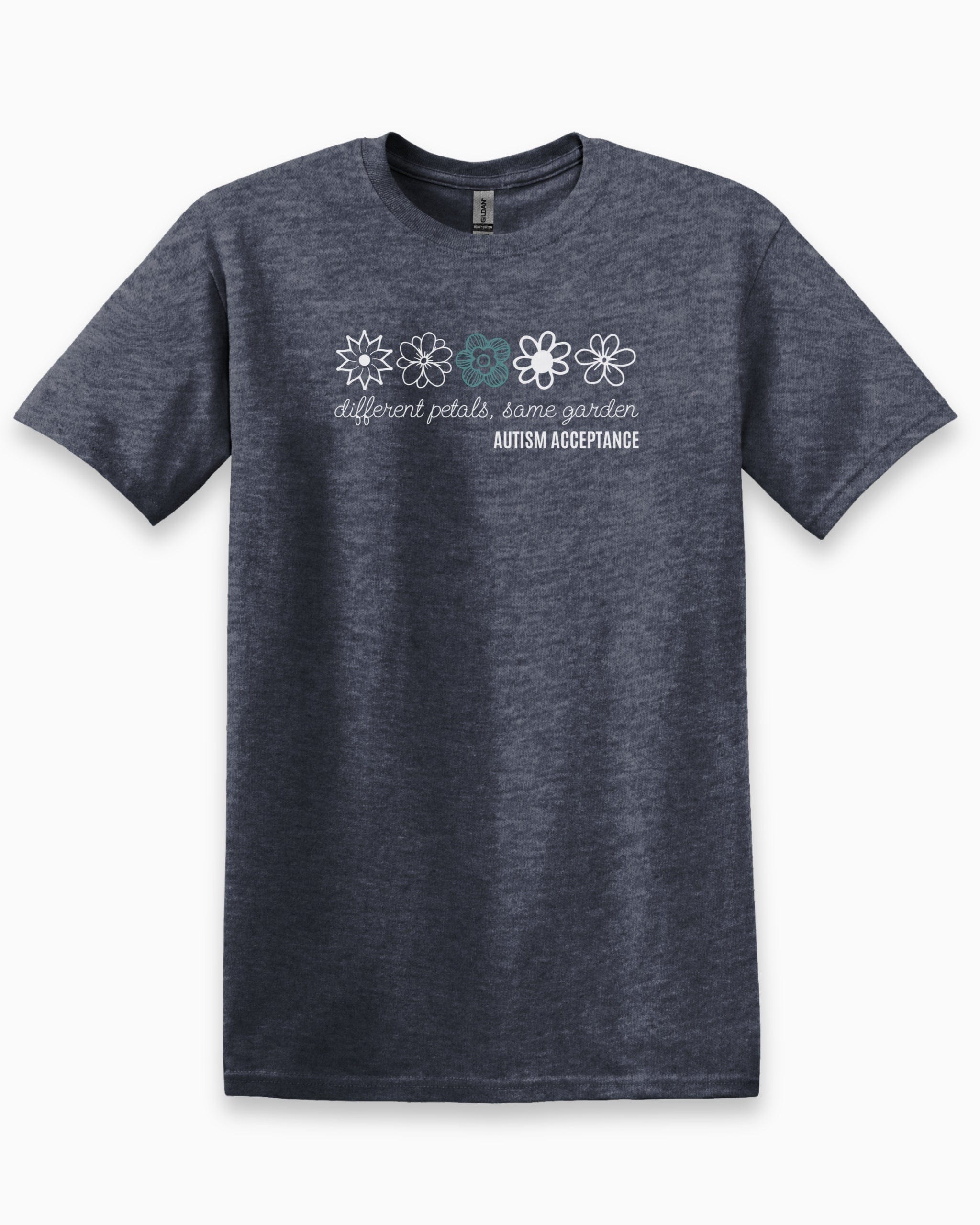 Different Petals Same Garden Flower Sketches Tee-Heather Navy-Neurodiversity, ADHD & Autism Awareness & Acceptance T-Shirt by Daily Bloom