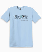 Different Petals Same Garden Flower Sketches Tee-Light Blue-Neurodiversity, ADHD & Autism Awareness & Acceptance T-Shirt by Daily Bloom
