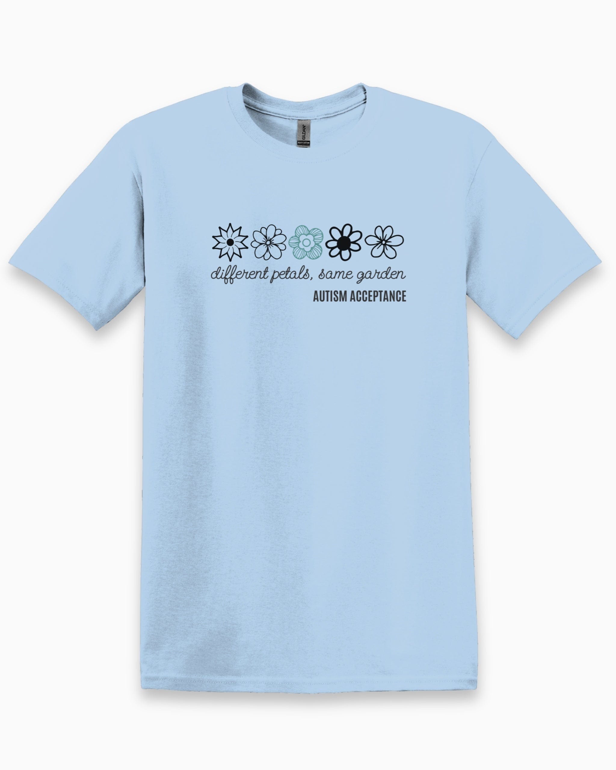 Different Petals Same Garden Flower Sketches Tee-Light Blue-Neurodiversity, ADHD & Autism Awareness & Acceptance T-Shirt by Daily Bloom