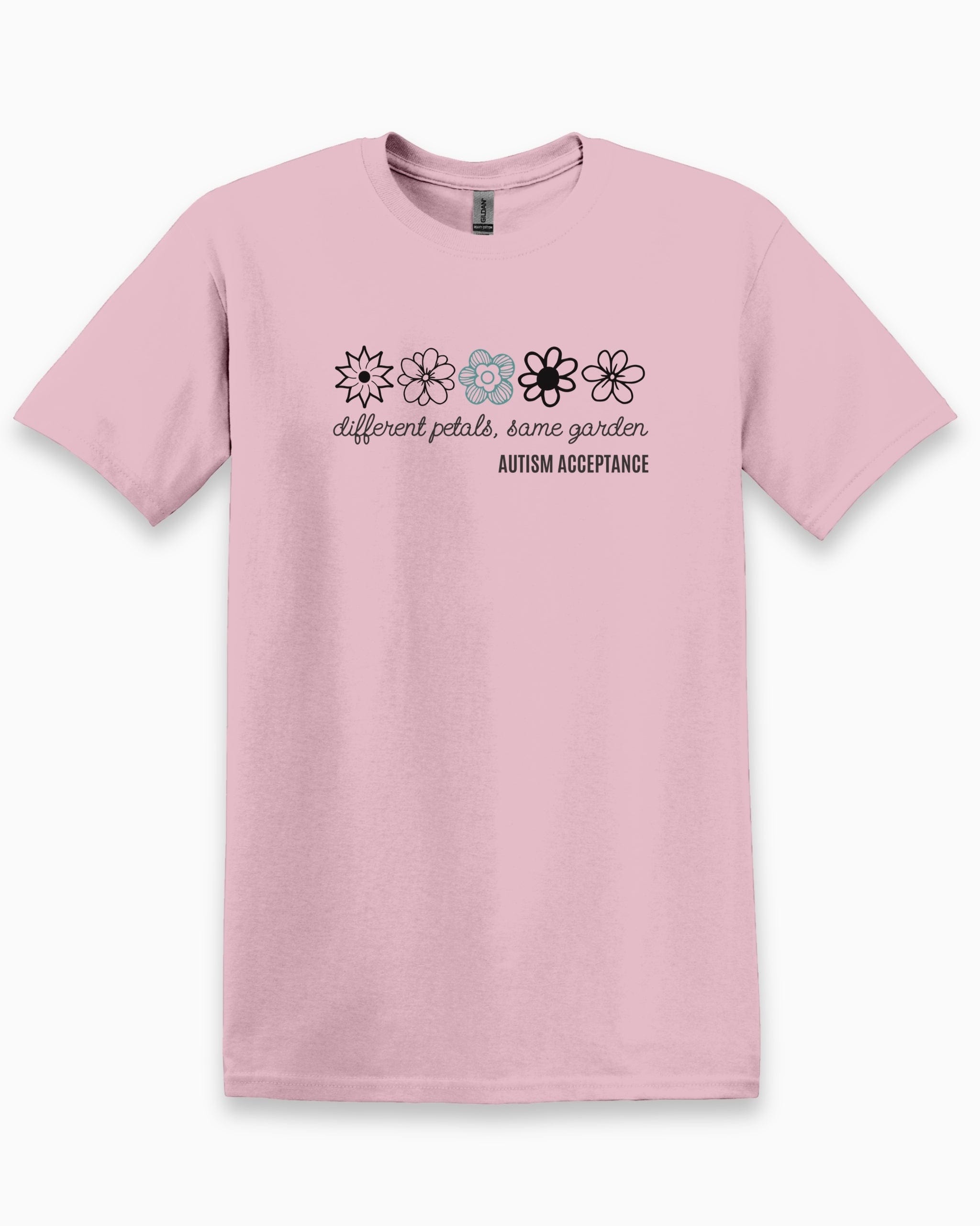 Different Petals Same Garden Flower Sketches Tee-Light Pink-Neurodiversity, ADHD & Autism Awareness & Acceptance T-Shirt by Daily Bloom