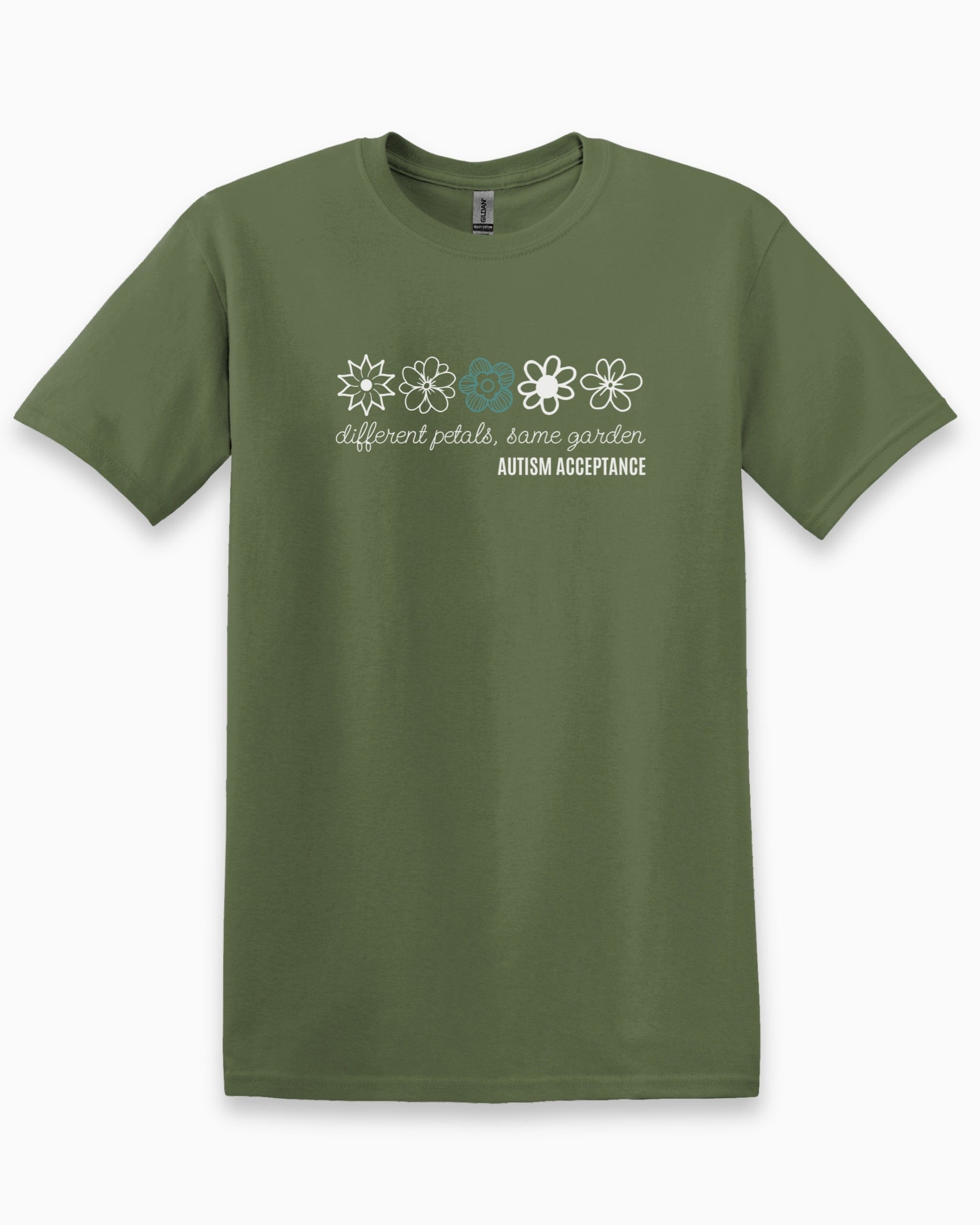 Different Petals Same Garden Flower Sketches Tee-Military Green-Neurodiversity, ADHD & Autism Awareness & Acceptance T-Shirt by Daily Bloom