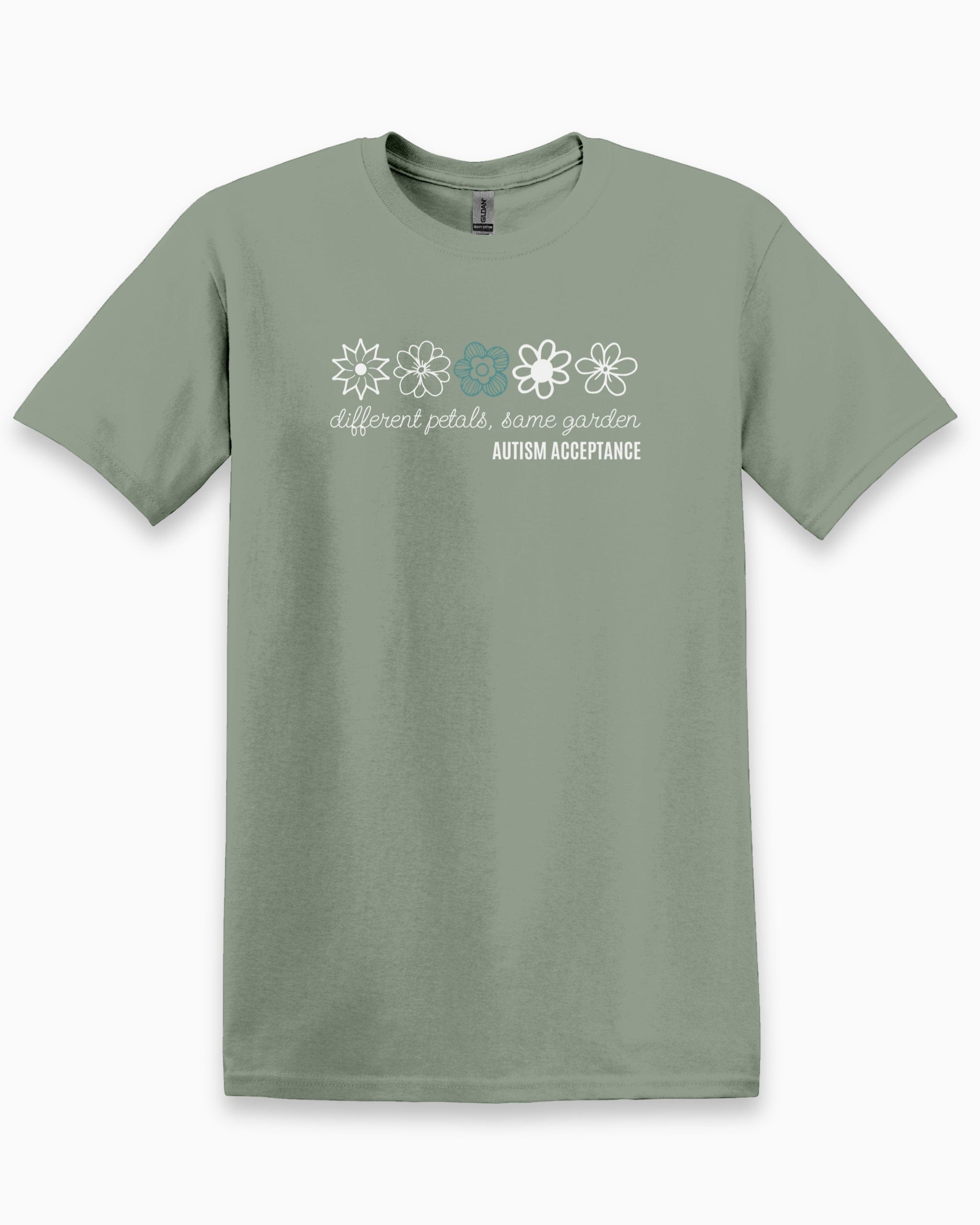 Different Petals Same Garden Flower Sketches Tee-Sage-Neurodiversity, ADHD & Autism Awareness & Acceptance T-Shirt by Daily Bloom