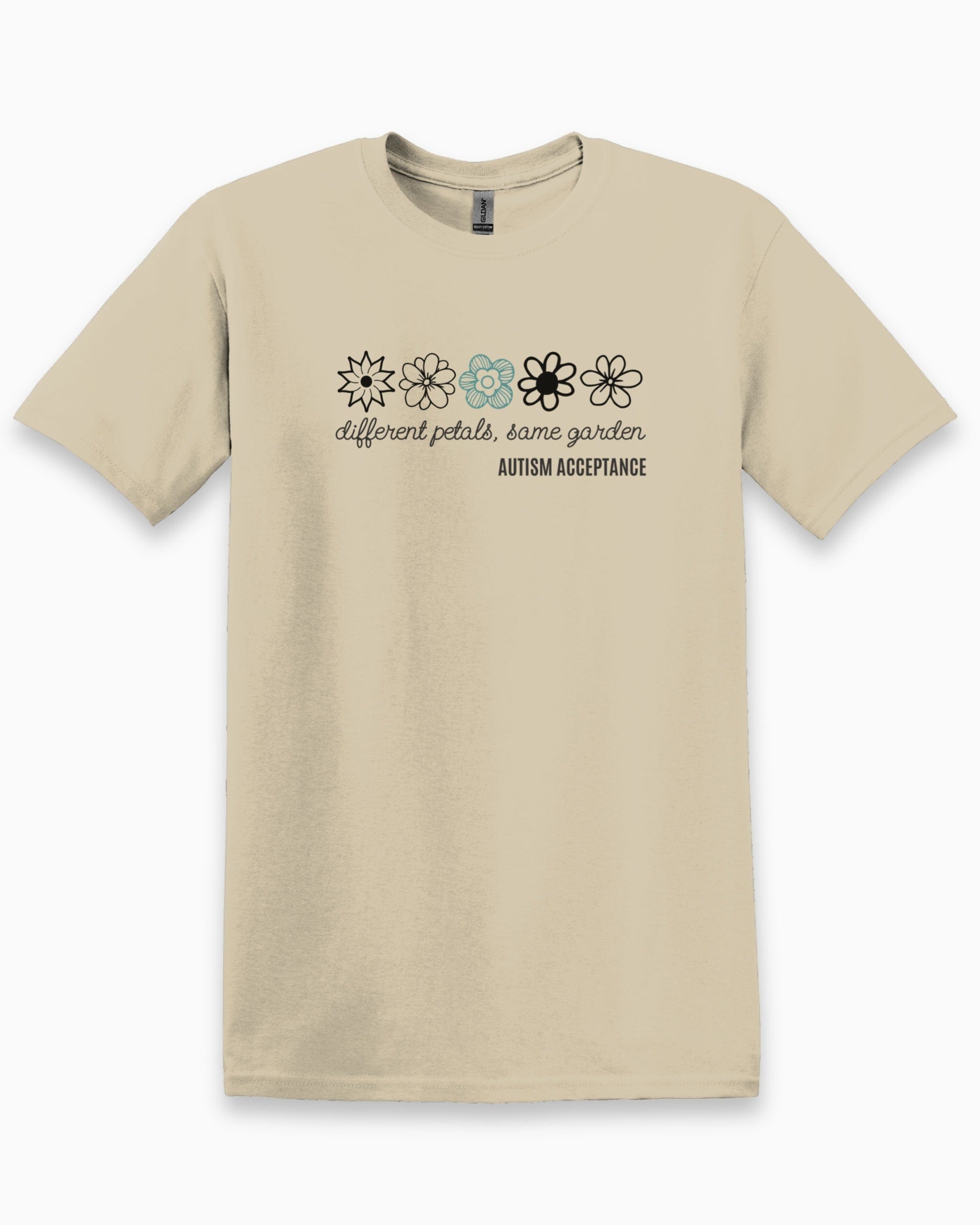 Different Petals Same Garden Flower Sketches Tee-Sand-Neurodiversity, ADHD & Autism Awareness & Acceptance T-Shirt by Daily Bloom