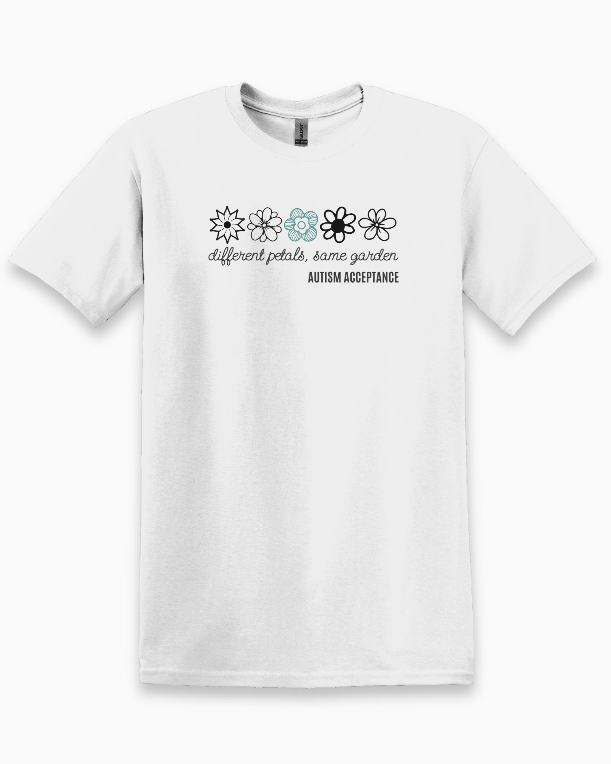 Different Petals Same Garden Flower Sketches Tee-White-Neurodiversity, ADHD & Autism Awareness & Acceptance T-Shirt by Daily Bloom