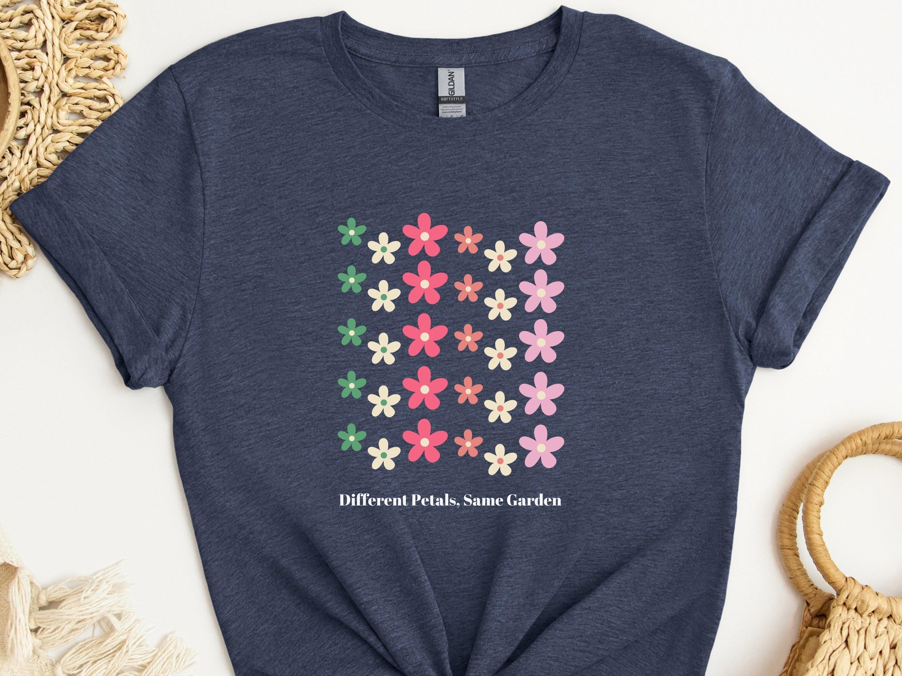 Different Petals Same Garden Tee-Heather Navy-Neurodiversity, ADHD & Autism Awareness & Acceptance T-Shirt by Daily Bloom