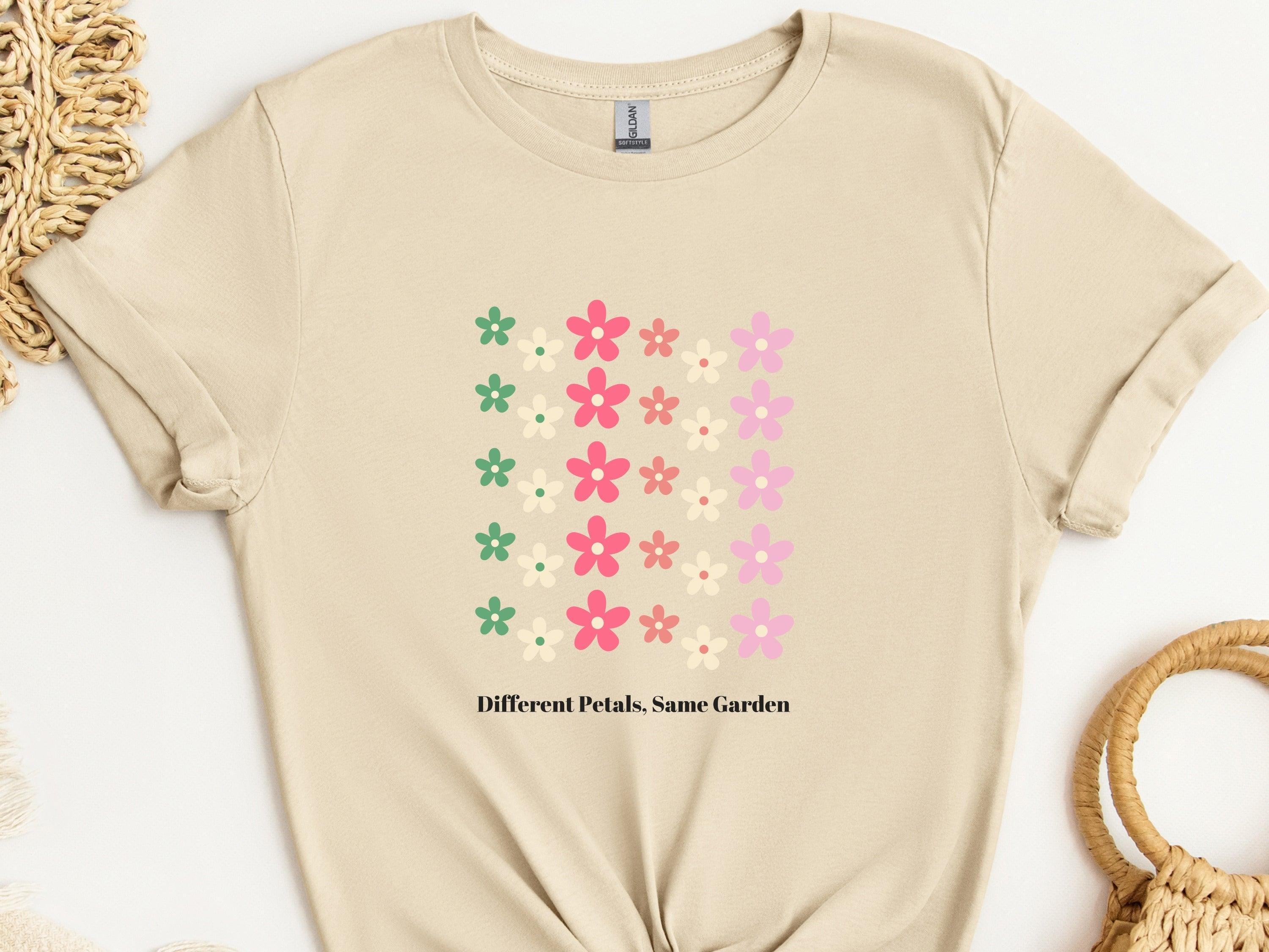 Different Petals Same Garden Tee-Sand-Neurodiversity, ADHD & Autism Awareness & Acceptance T-Shirt by Daily Bloom