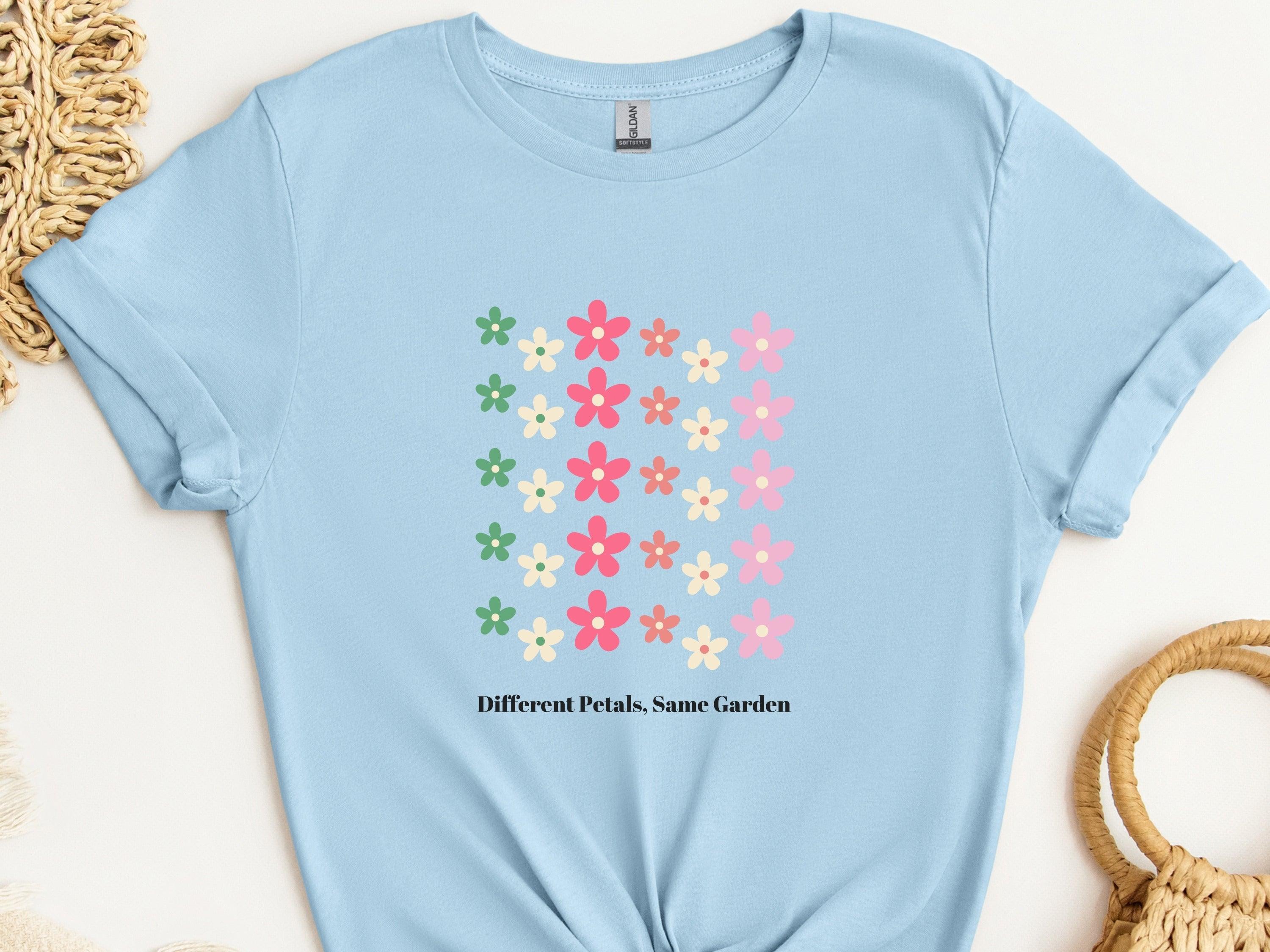 Different Petals Same Garden Tee-Light Blue-Neurodiversity, ADHD & Autism Awareness & Acceptance T-Shirt by Daily Bloom