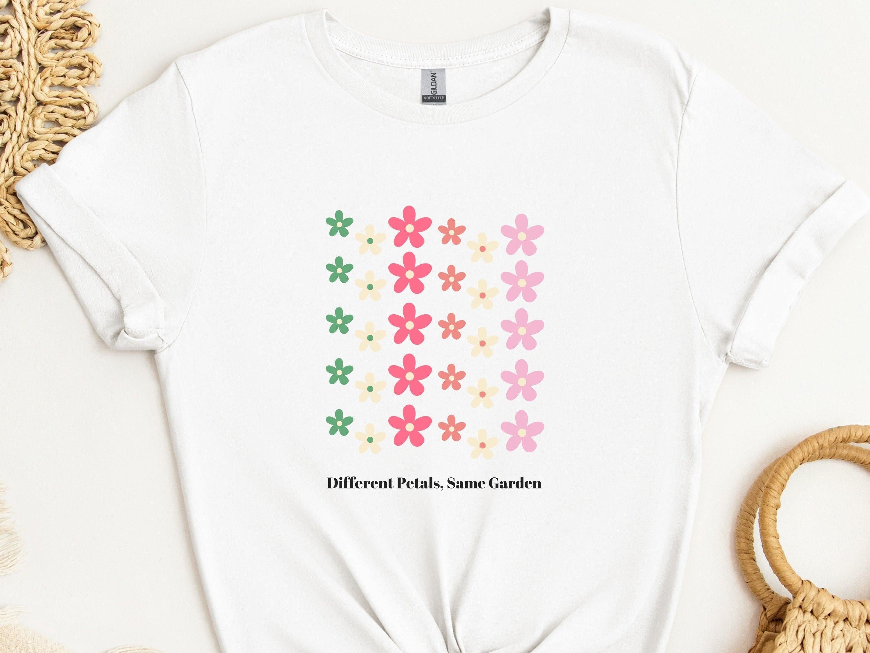 Different Petals Same Garden Tee-White-Neurodiversity, ADHD & Autism Awareness & Acceptance T-Shirt by Daily Bloom