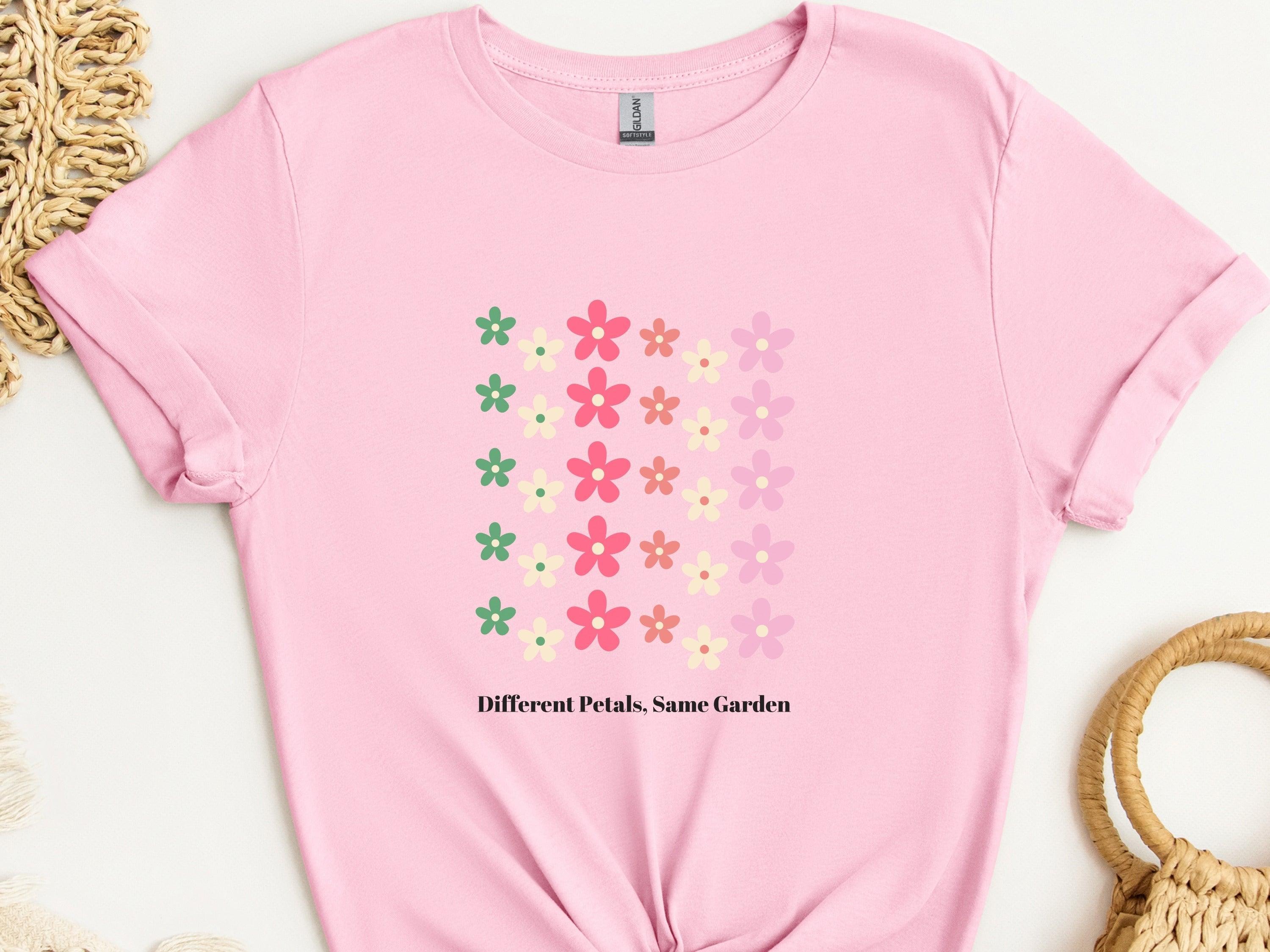 Different Petals Same Garden Tee-Light Pink-Neurodiversity, ADHD & Autism Awareness & Acceptance T-Shirt by Daily Bloom
