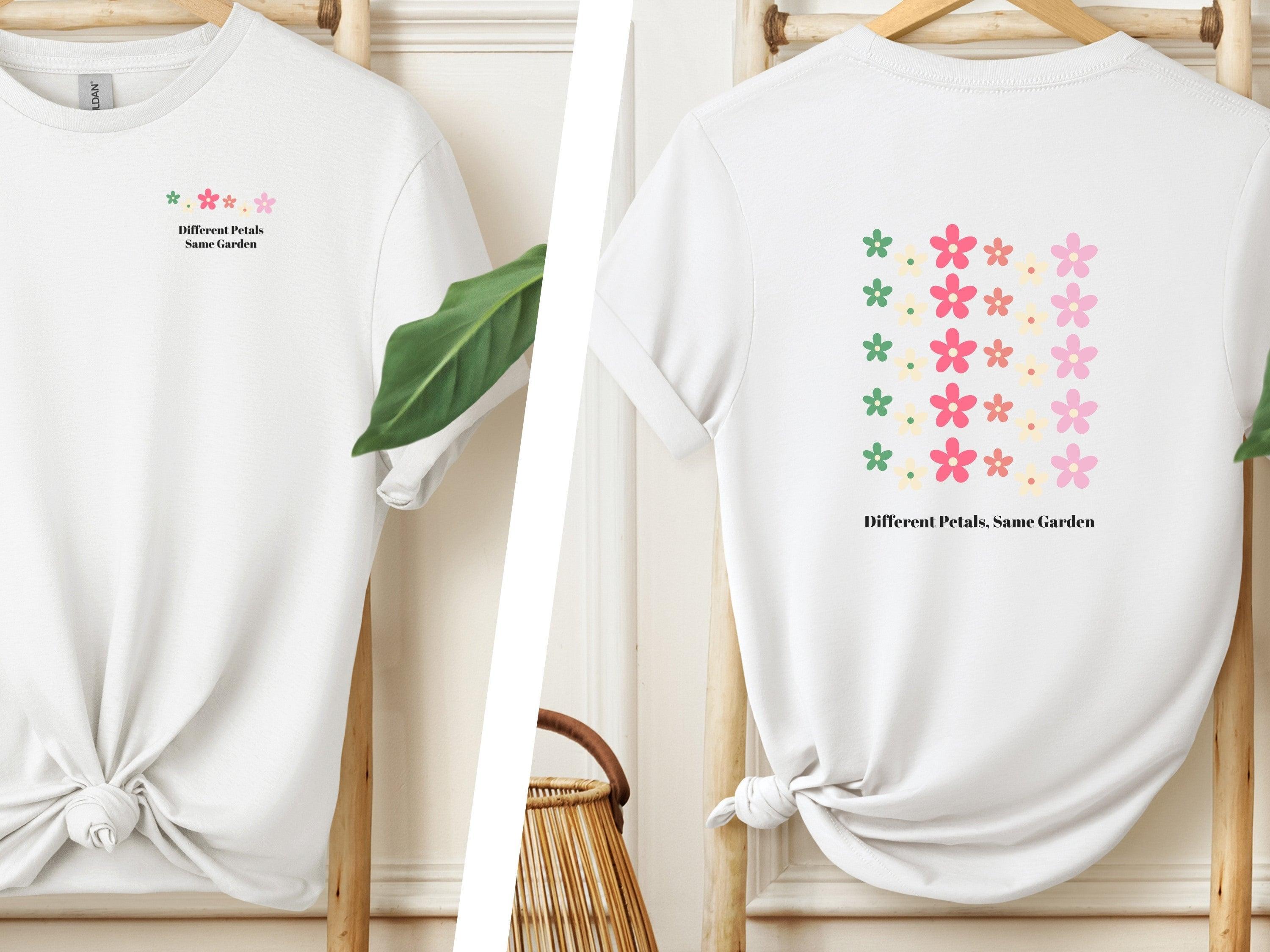 Different Petals Same Garden Tee w/ Back Print-White-Neurodiversity, ADHD & Autism Awareness & Acceptance T-Shirt by Daily Bloom