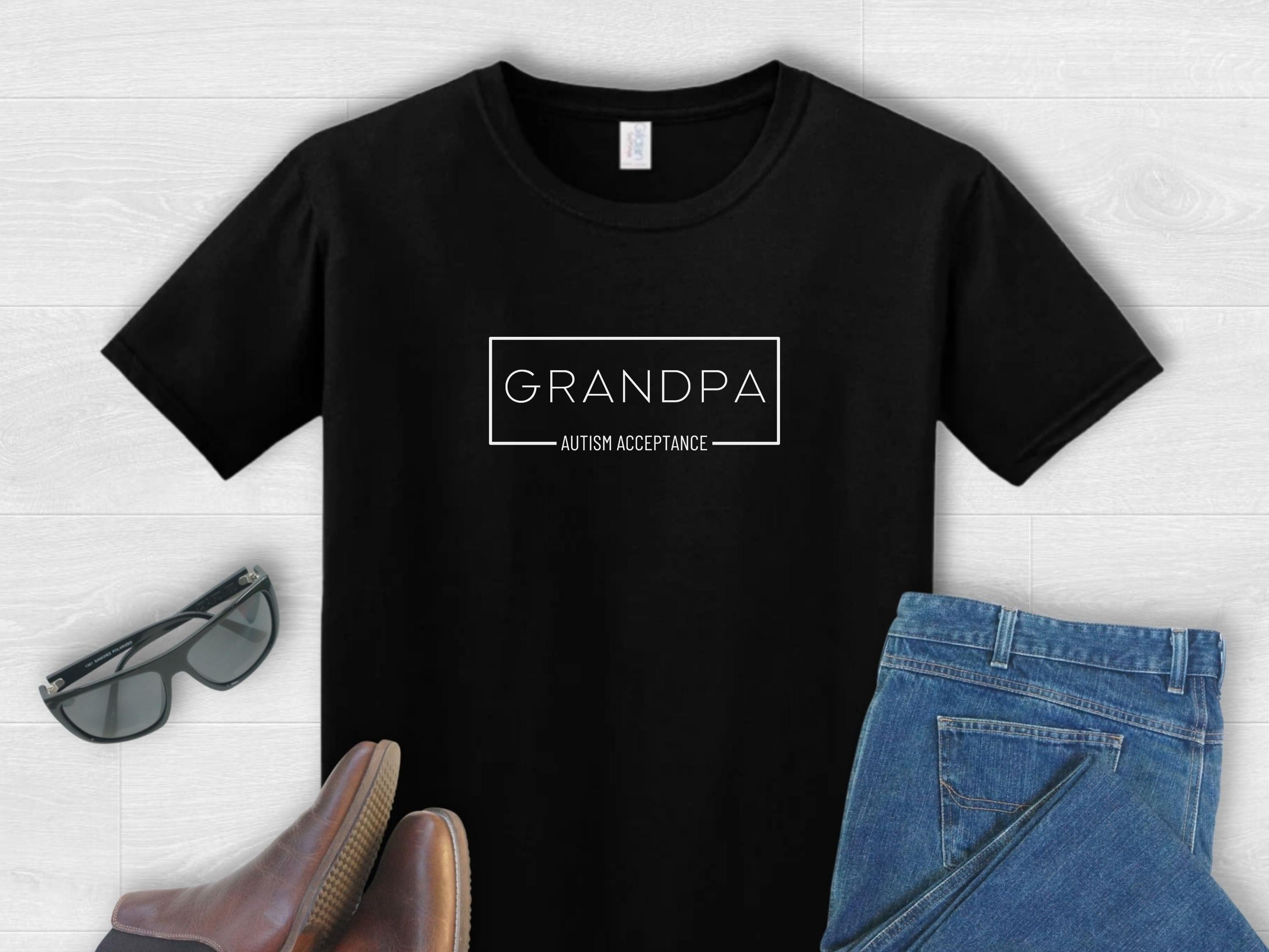 Grandpa Autism Acceptance Box Tee-Black-Neurodiversity, ADHD & Autism Awareness & Acceptance T-Shirt by Daily Bloom