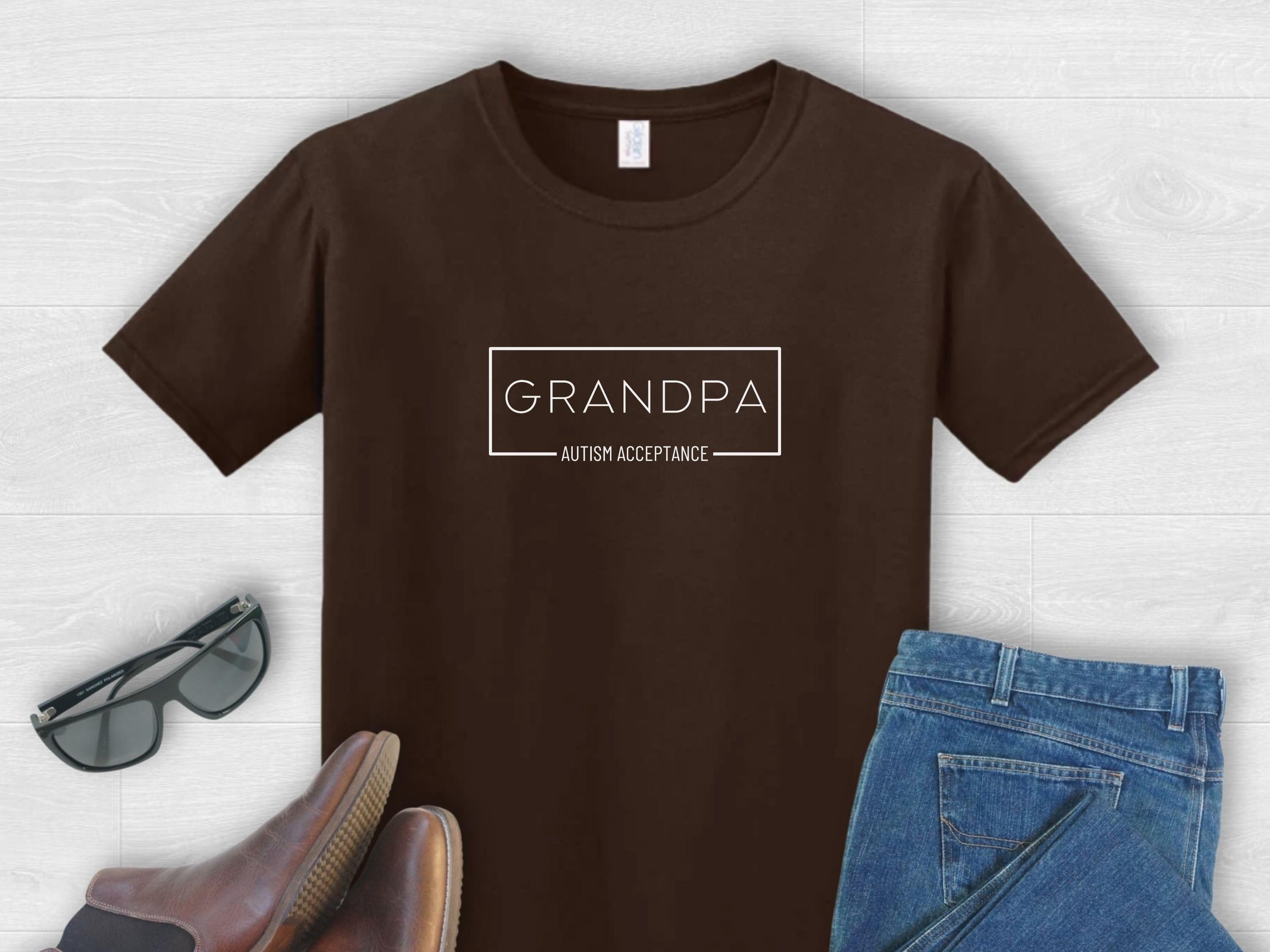 Grandpa Autism Acceptance Box Tee-Dark Chocolate-Neurodiversity, ADHD & Autism Awareness & Acceptance T-Shirt by Daily Bloom