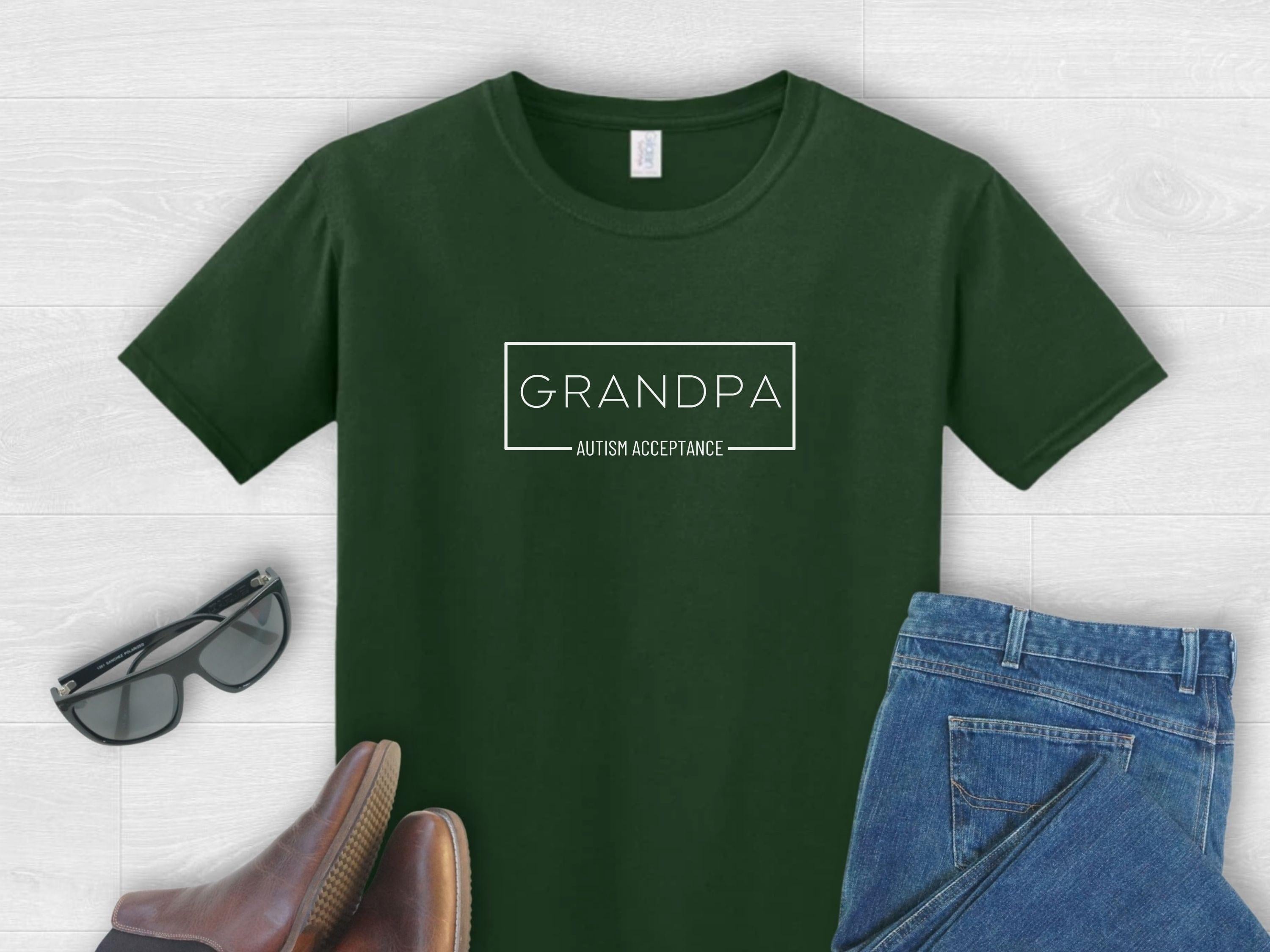 Grandpa Autism Acceptance Box Tee-Forest Green-Neurodiversity, ADHD & Autism Awareness & Acceptance T-Shirt by Daily Bloom