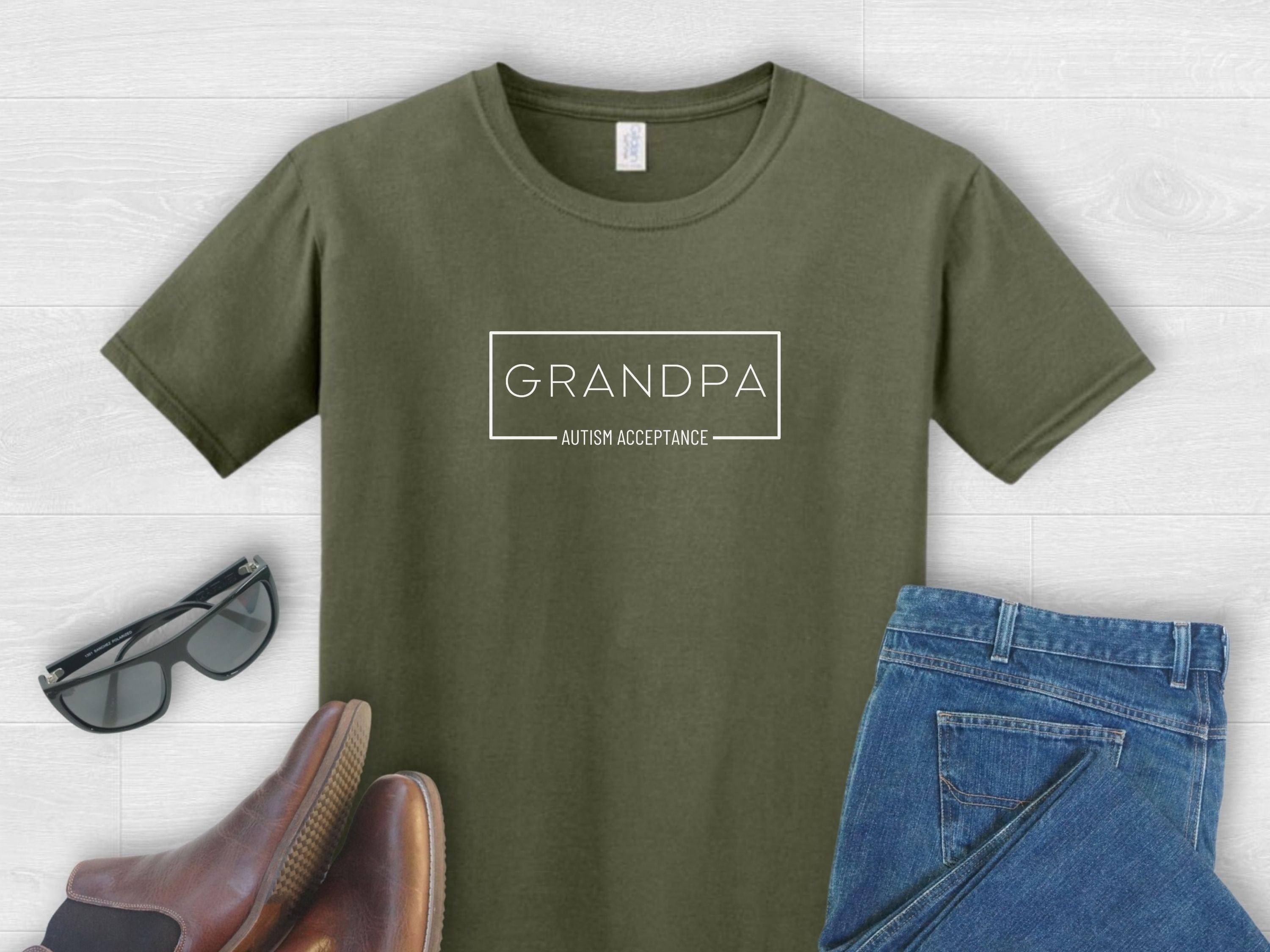 Grandpa Autism Acceptance Box Tee-Military Green-Neurodiversity, ADHD & Autism Awareness & Acceptance T-Shirt by Daily Bloom