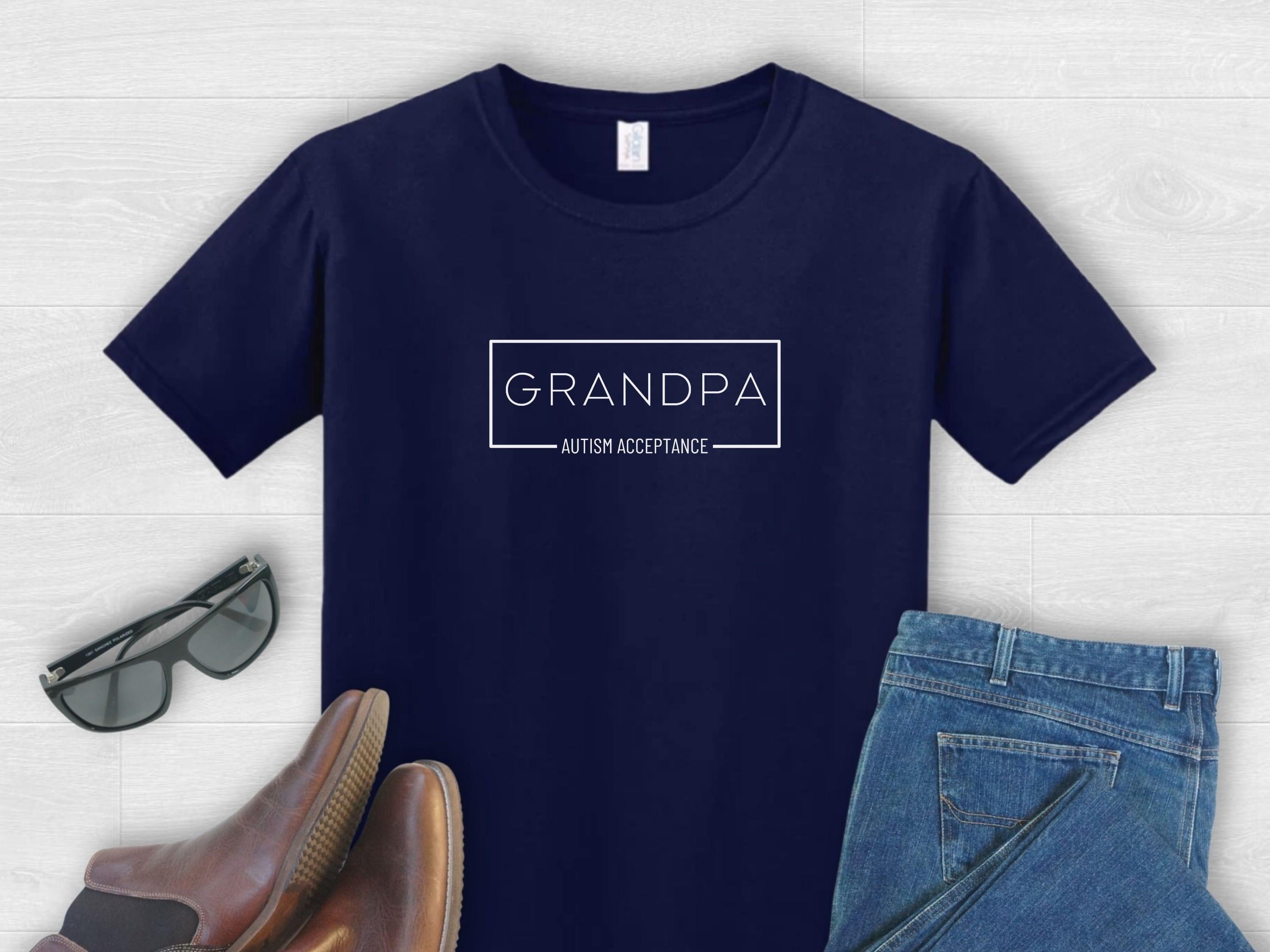Grandpa Autism Acceptance Box Tee-Navy-Neurodiversity, ADHD & Autism Awareness & Acceptance T-Shirt by Daily Bloom