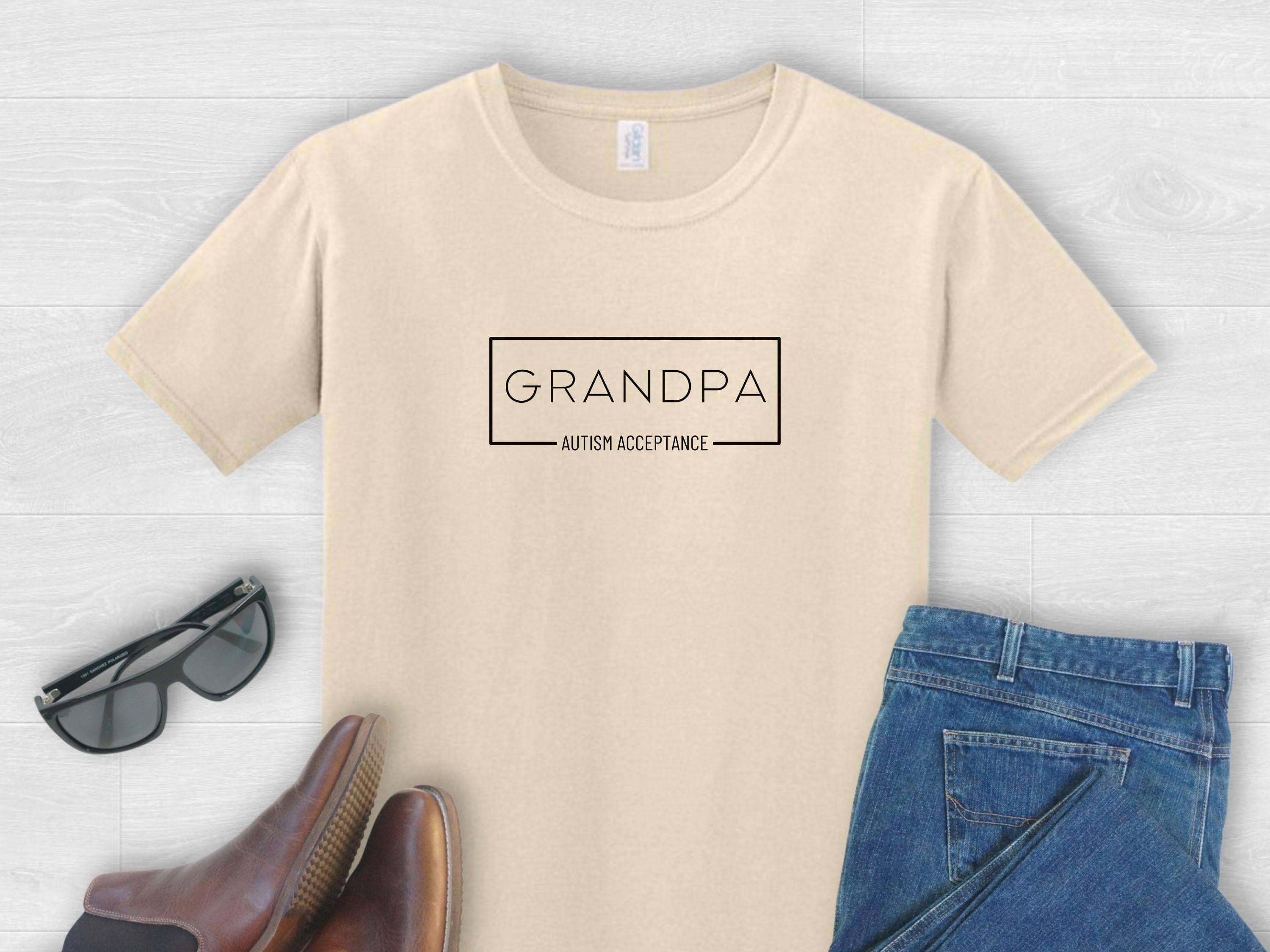 Grandpa Autism Acceptance Box Tee-Sand-Neurodiversity, ADHD & Autism Awareness & Acceptance T-Shirt by Daily Bloom