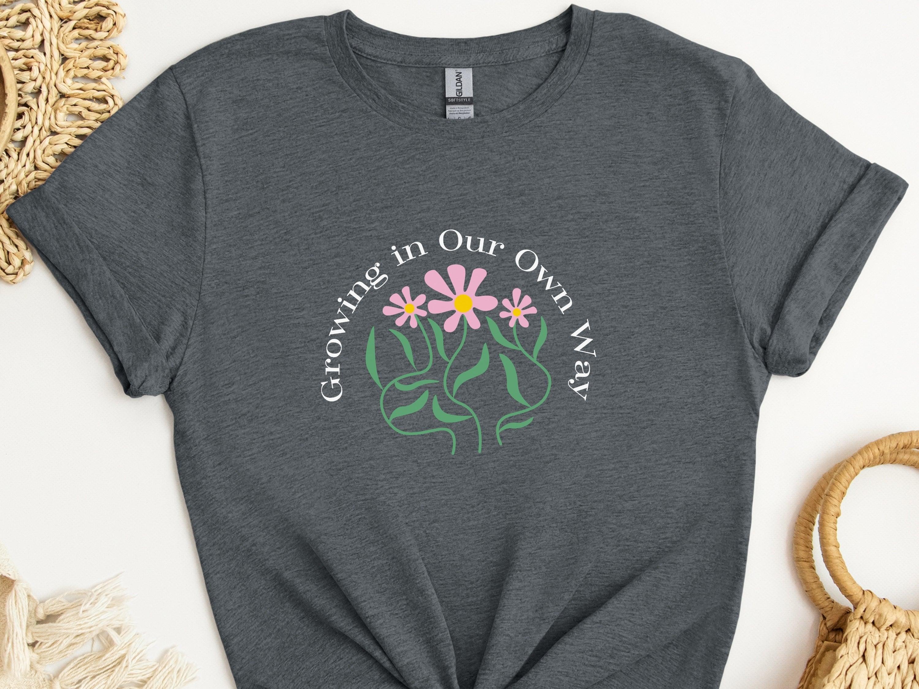 Growing In Our Own Way Tee-Dark Heather Grey-Neurodiversity, ADHD & Autism Awareness & Acceptance T-Shirt by Daily Bloom