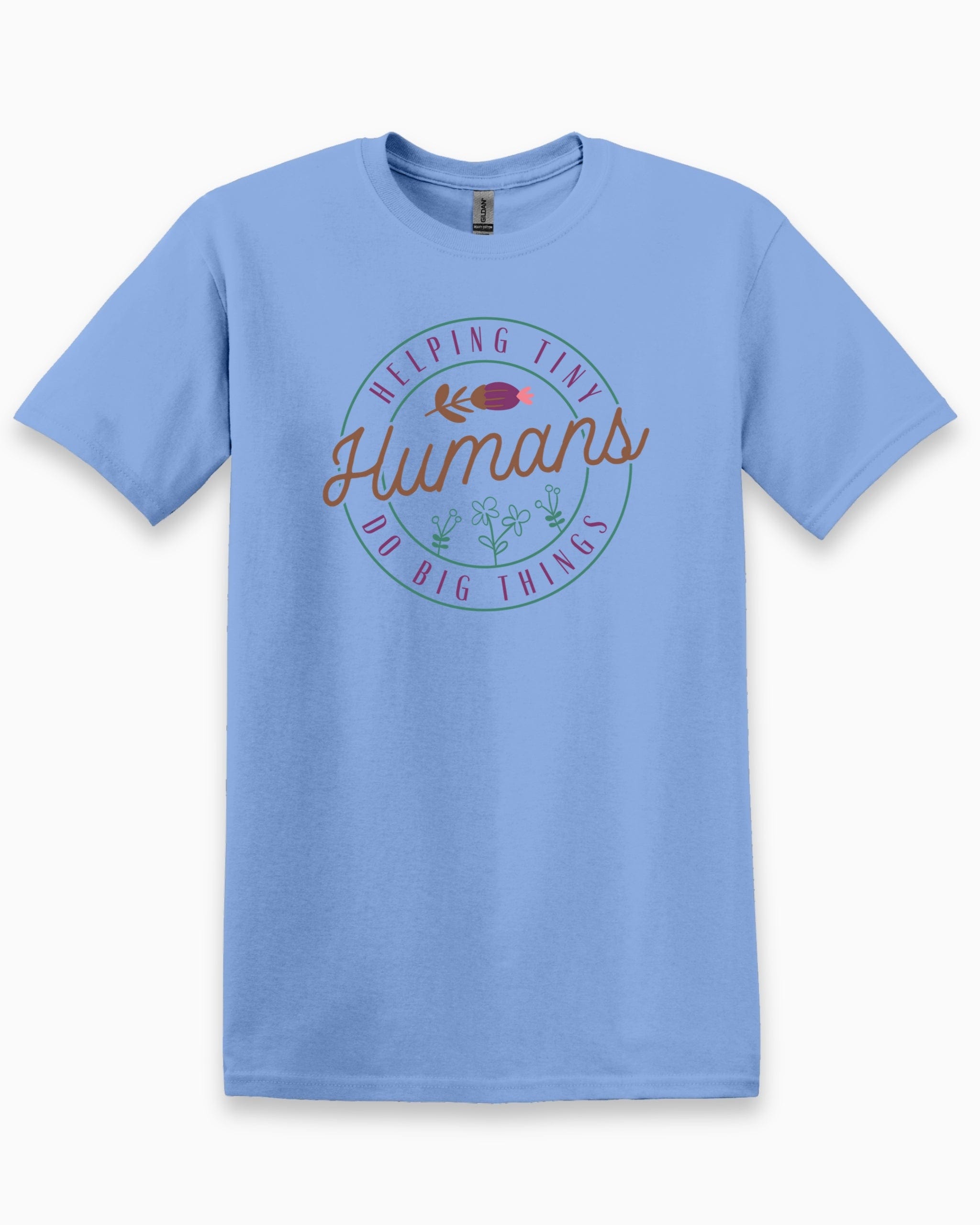 Helping Tiny Humans Do Big Things Tee-Carolina Blue-Neurodiversity, ADHD & Autism Awareness & Acceptance T-Shirt by Daily Bloom