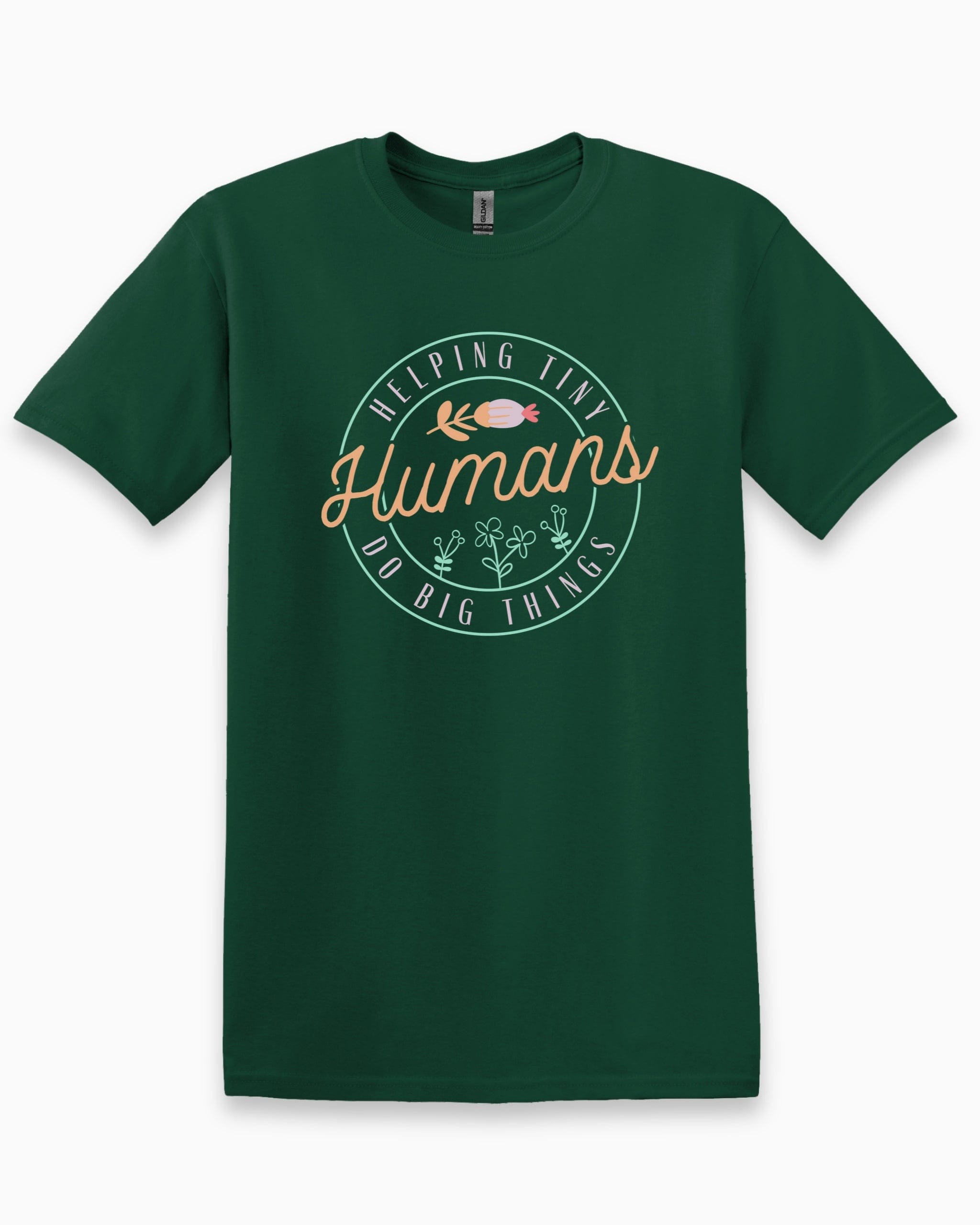 Helping Tiny Humans Do Big Things Tee-Forest Green-Neurodiversity, ADHD & Autism Awareness & Acceptance T-Shirt by Daily Bloom