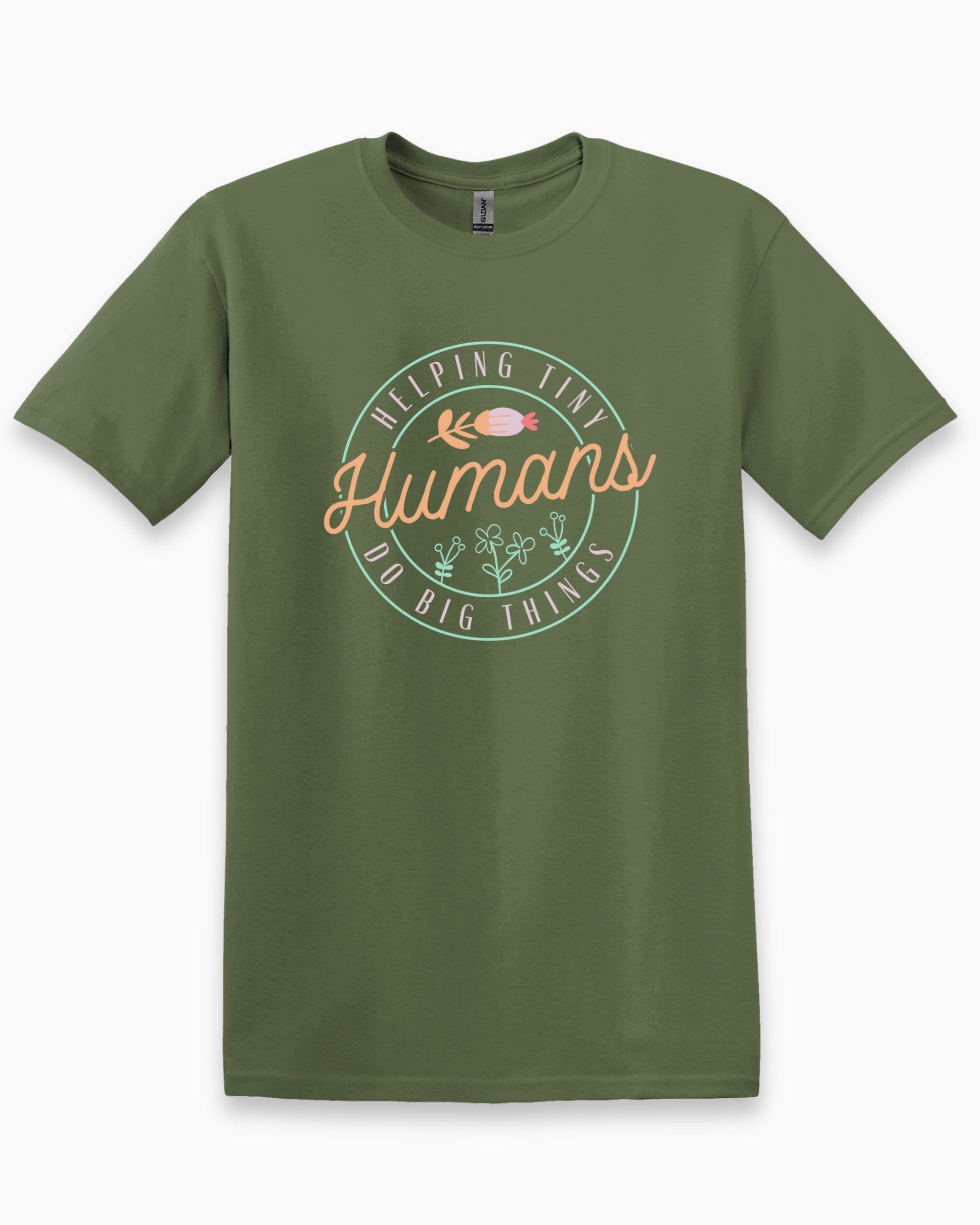 Helping Tiny Humans Do Big Things Tee-Military Green-Neurodiversity, ADHD & Autism Awareness & Acceptance T-Shirt by Daily Bloom