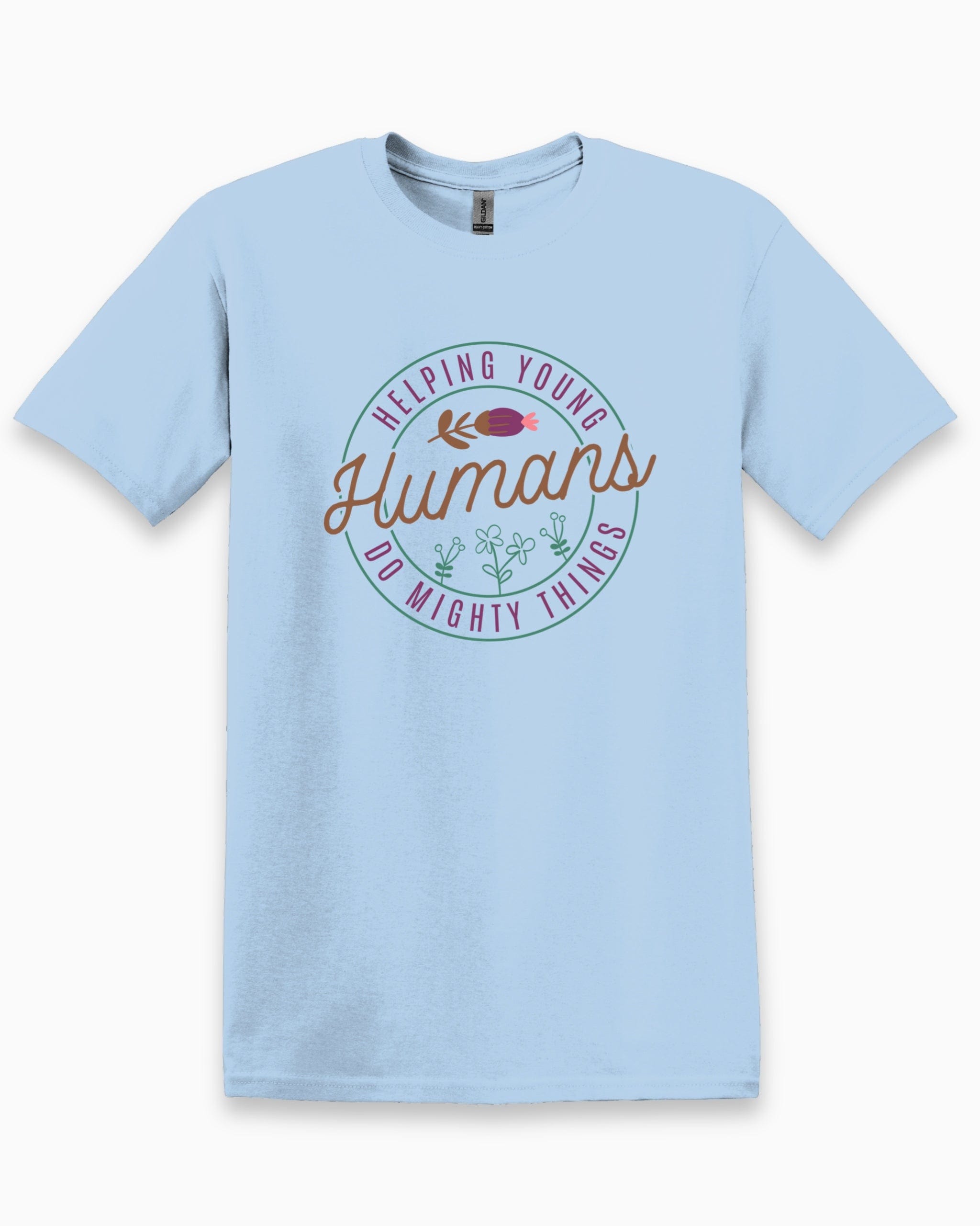 Helping Young Humans Do Mighty Things Tee-Light Blue-Neurodiversity, ADHD & Autism Awareness & Acceptance T-Shirt by Daily Bloom
