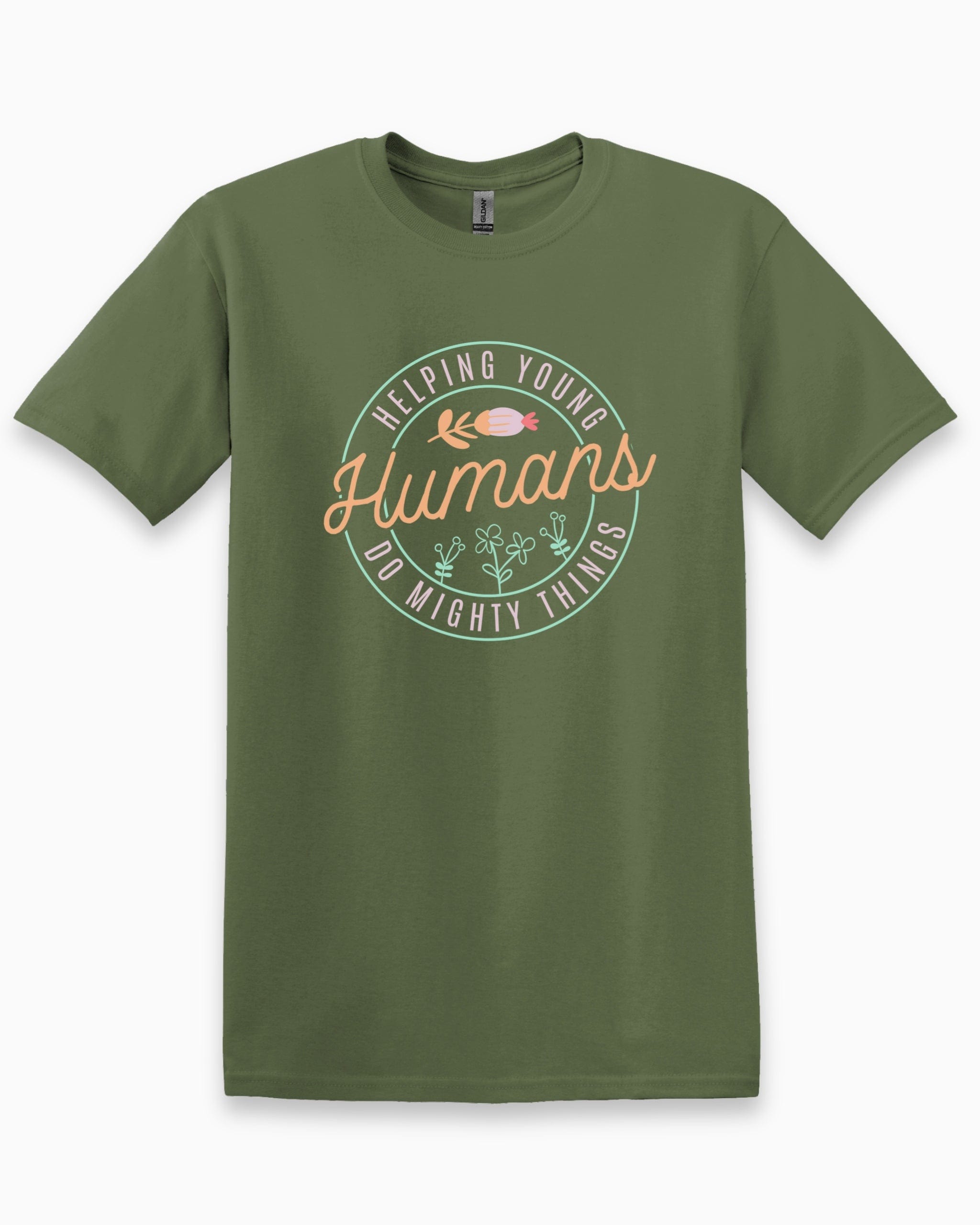 Helping Young Humans Do Mighty Things Tee-Military Green-Neurodiversity, ADHD & Autism Awareness & Acceptance T-Shirt by Daily Bloom