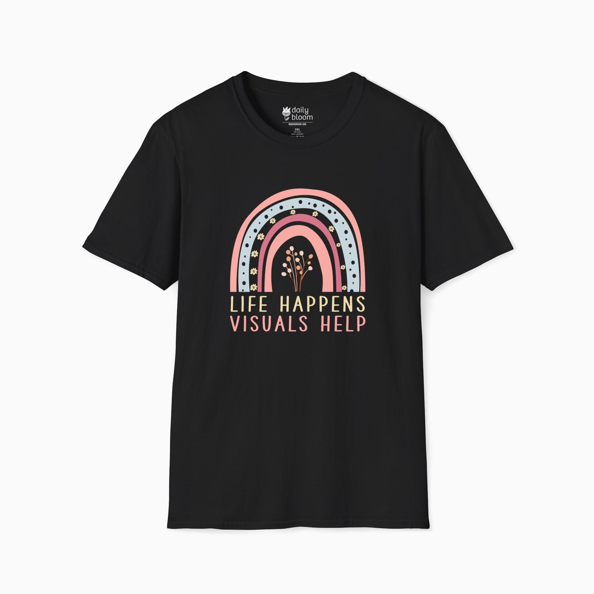 Autism T-Shirt By Daily Bloom Life Happens Visuals Help Tag-Free Tee Black / S